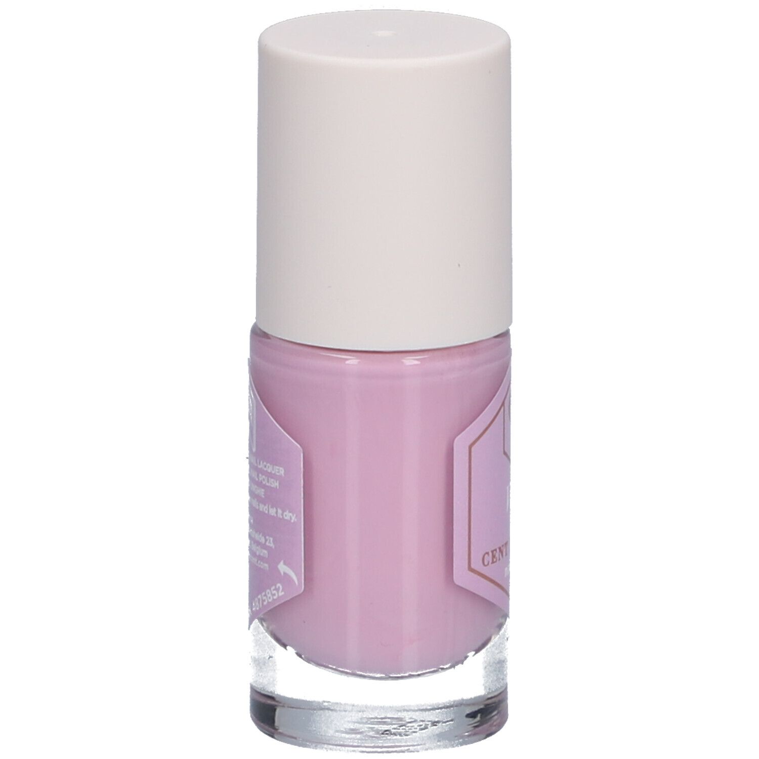 Paarse nagellakfles. Witte dop, transparante glazen fles. Etiket met tekst en logo.