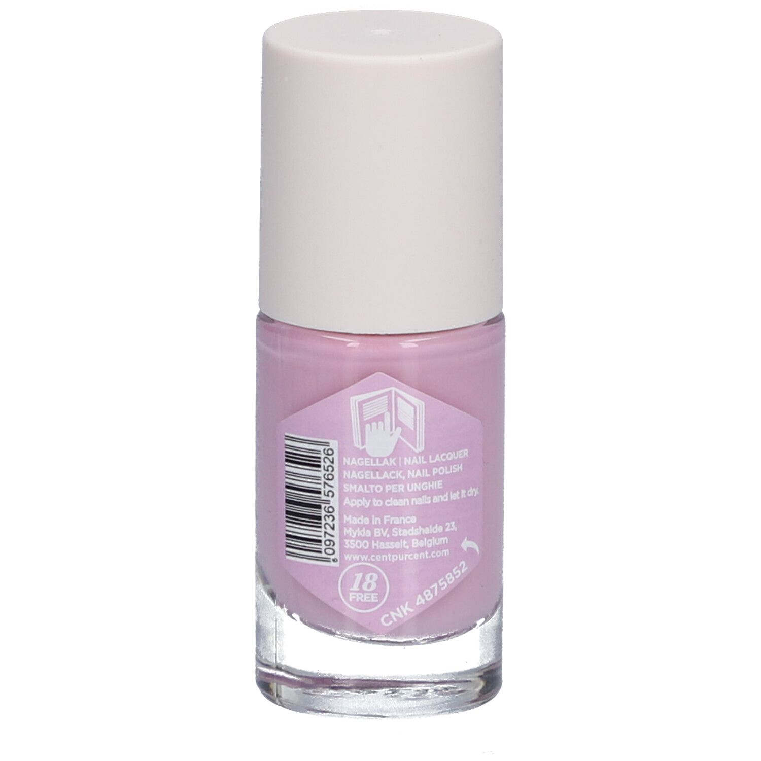 Paarse nagellakfles. Witte dop, transparante glazen fles. Etiket met tekst, barcode en logo.