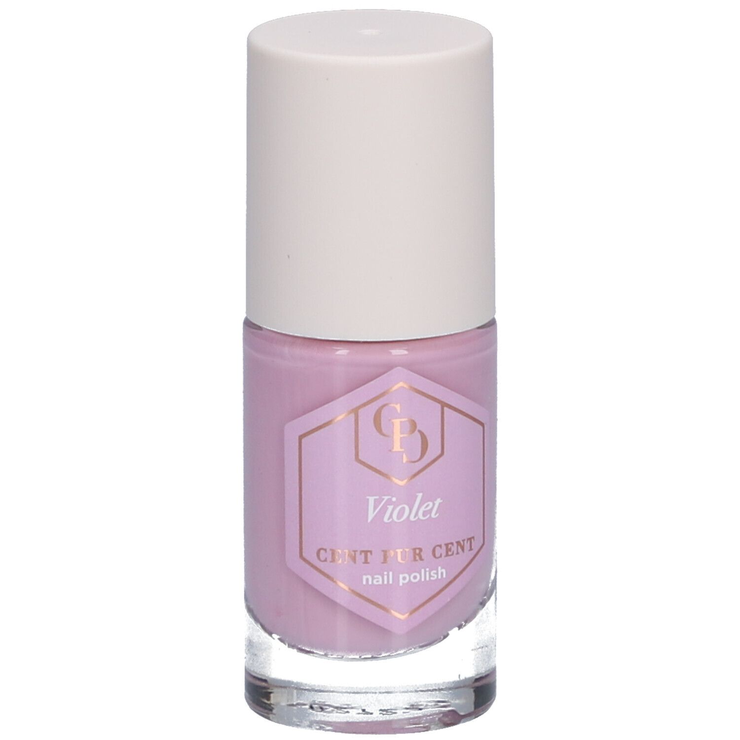 Paarse nagellakfles. Witte dop, transparante glazen fles. Etiket met tekst: Violet, Cent Pur Cent, nagellak.