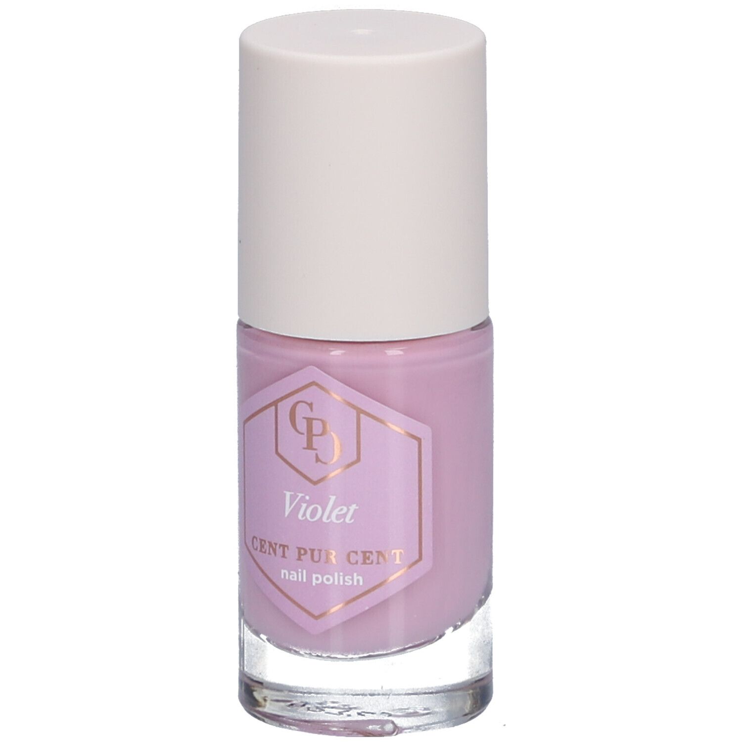 Paarse nagellakfles. Witte dop, transparante glazen fles. Etiket met tekst: Violet, Cent Pur Cent, nagellak.
