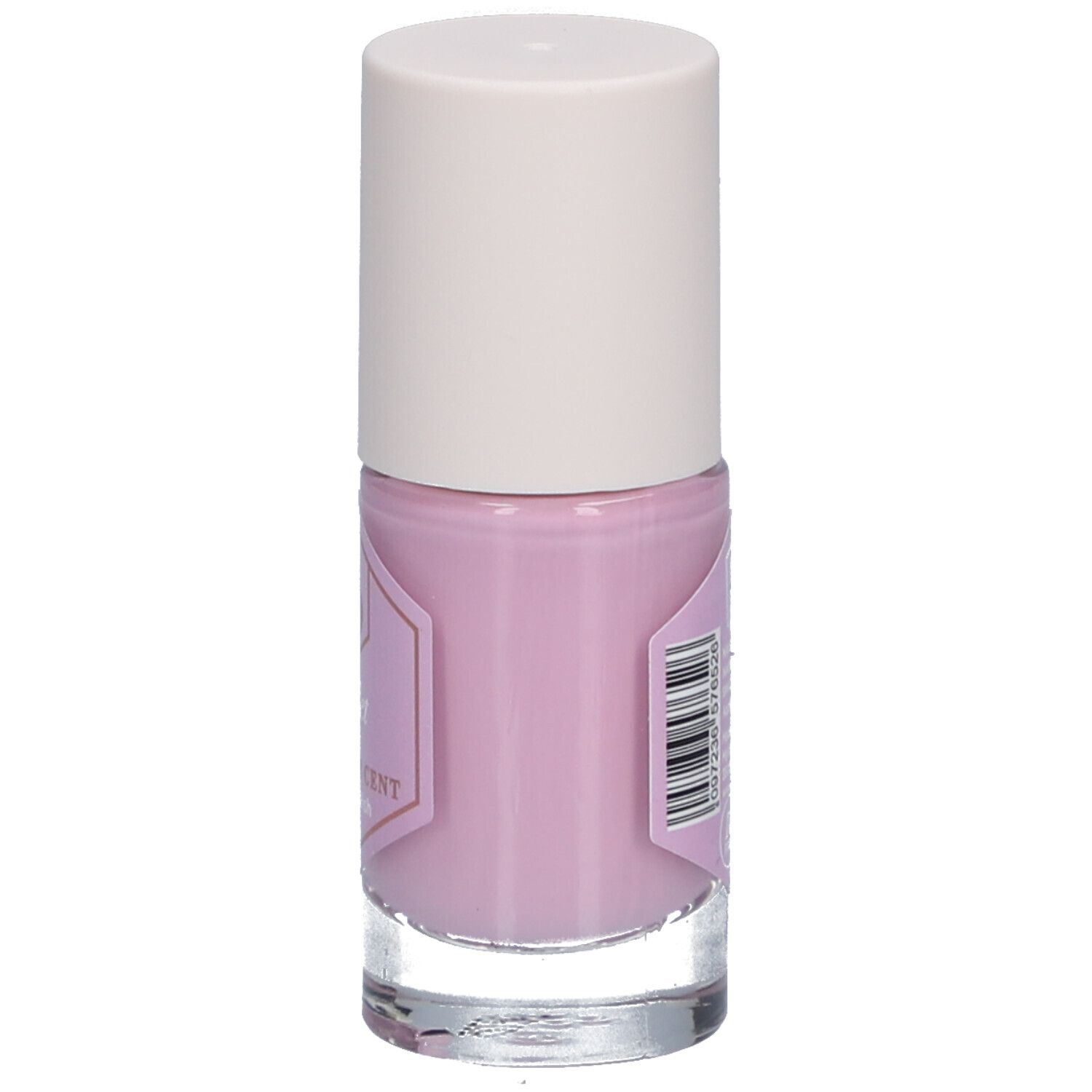 Paarse nagellakfles. Witte dop, transparante glazen fles. Etiket met tekst en barcode.