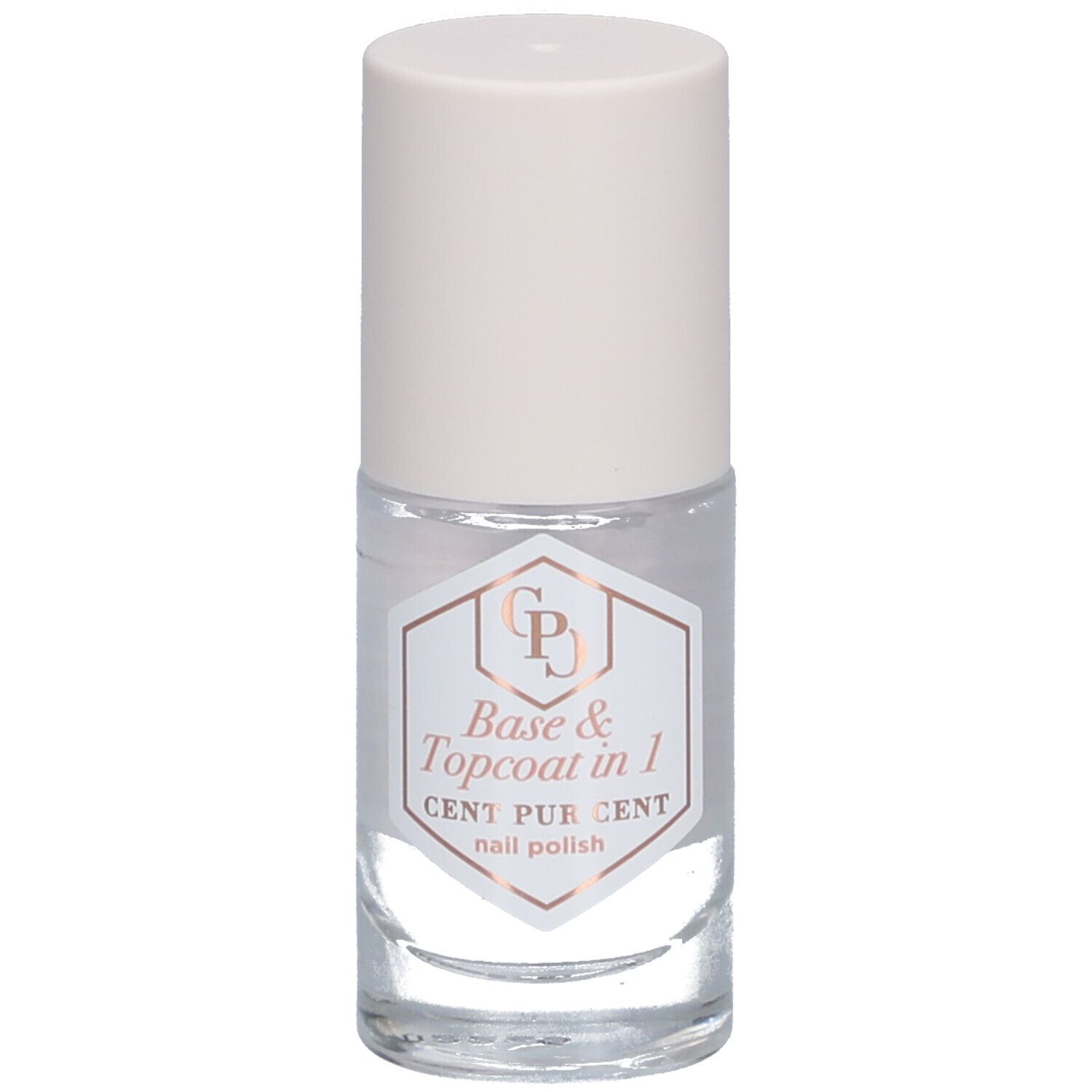 Transparante nagellakfles met witte dop. Etiket met "Base & Topcoat in 1" en "CENT PUR CENT". 