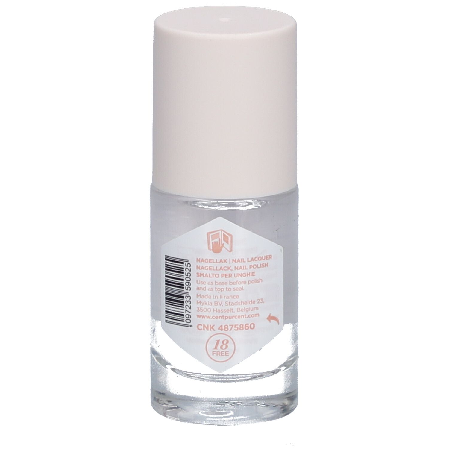Transparante nagellakfles met witte dop. Achterkant met tekst en barcode. Sticker "18 FREE".