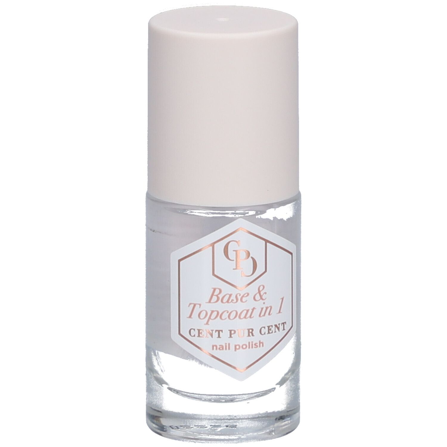 Transparante nagellakfles met witte dop. Etiket met "Base & Topcoat in 1" en "CENT PUR CENT". 