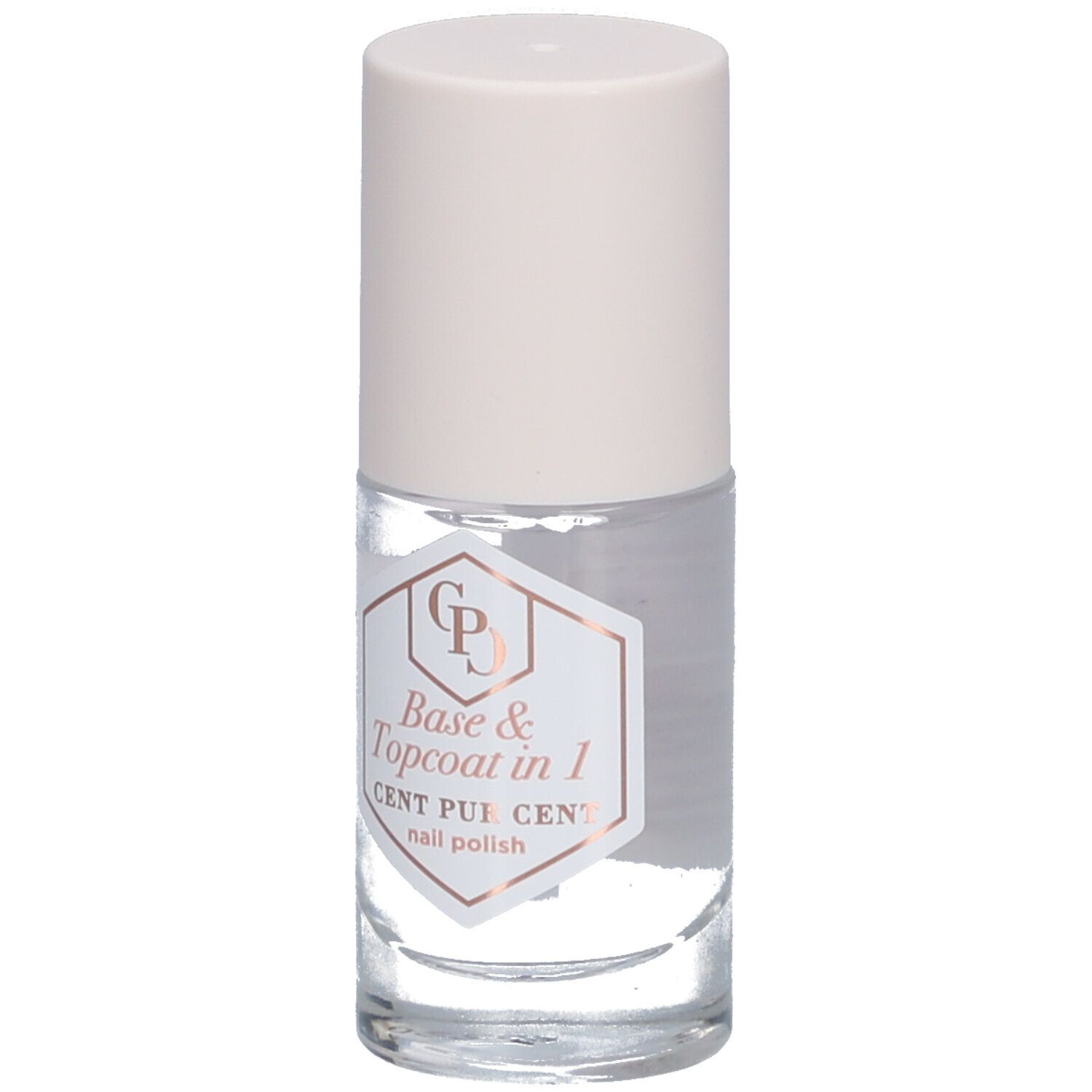 Transparante nagellakfles met witte dop. Etiket met "Base & Topcoat in 1" en "CENT PUR CENT". 