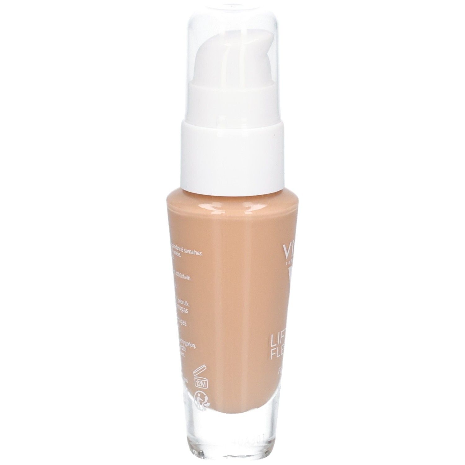 Beige foundationfles met witte pomp. Opschrift op het etiket.