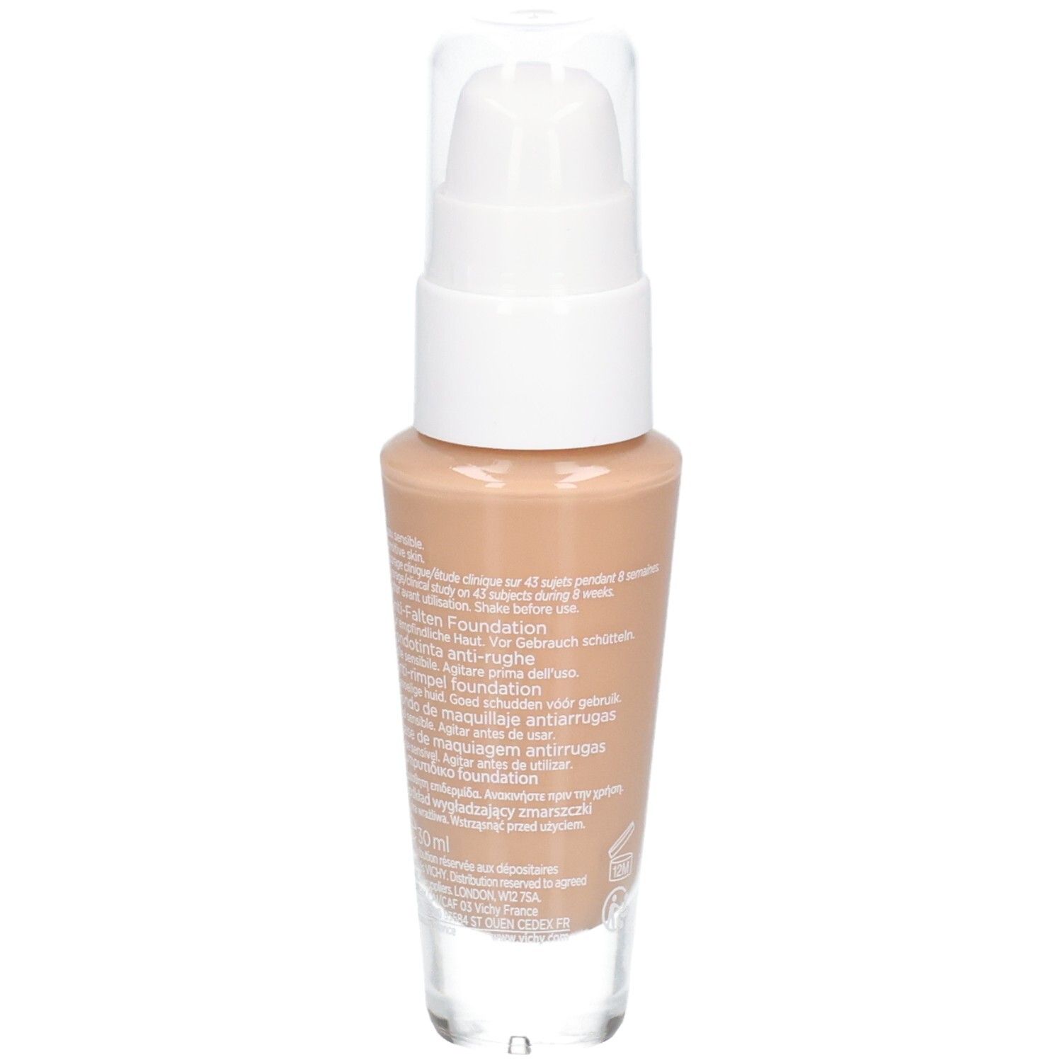 Beige foundationfles met witte pomp. Achteraanzicht met tekst.