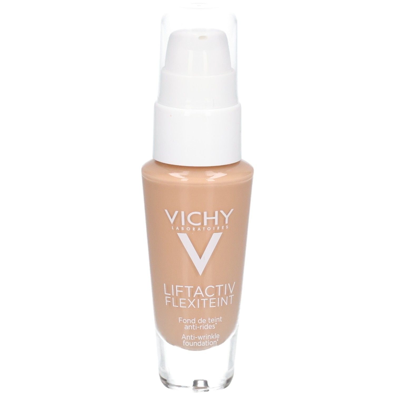 Beige foundationfles met witte pomp. Opschrift Vichy en Flexiteint.
