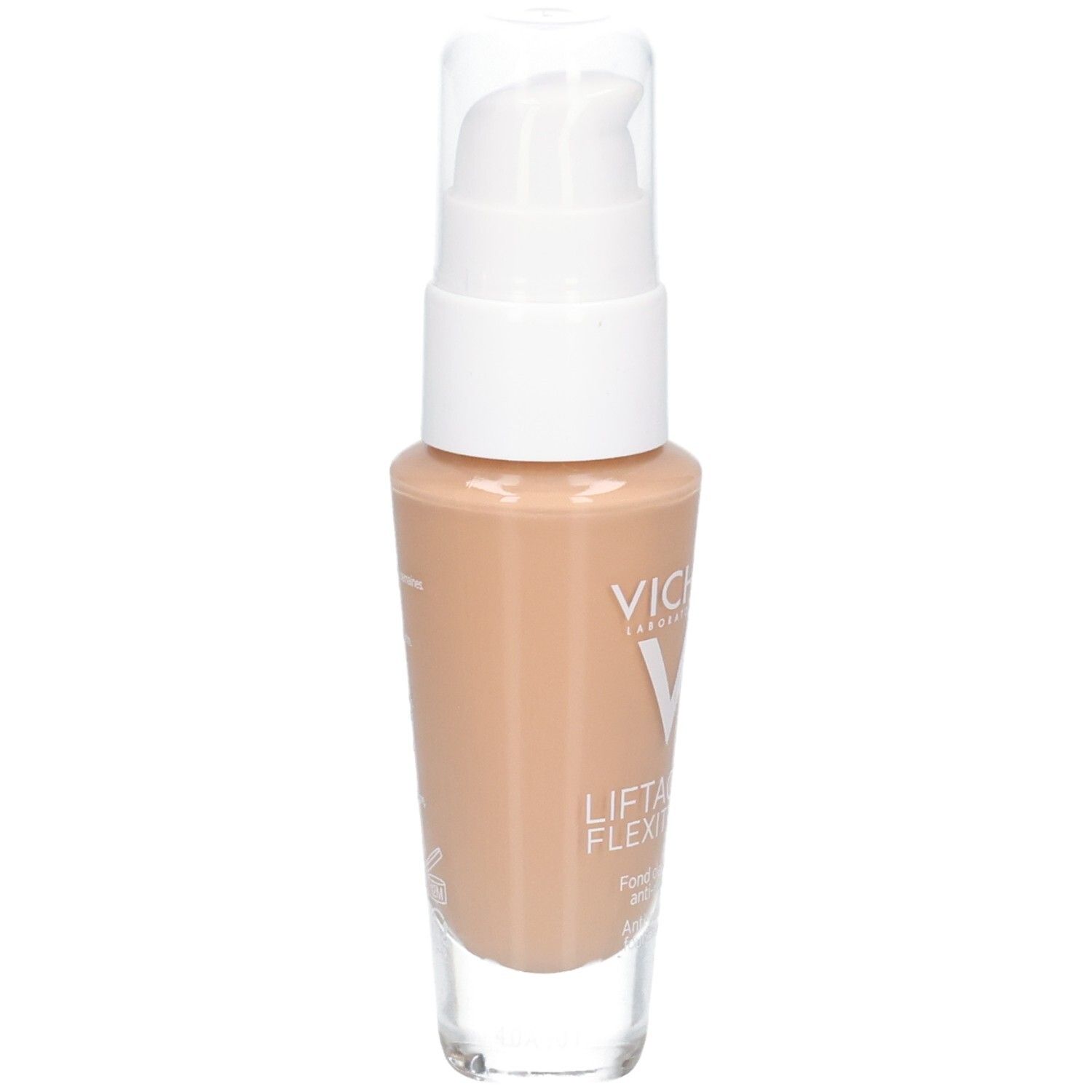 Beige foundationfles met witte pomp. Opschrift Vichy en Flexiteint.