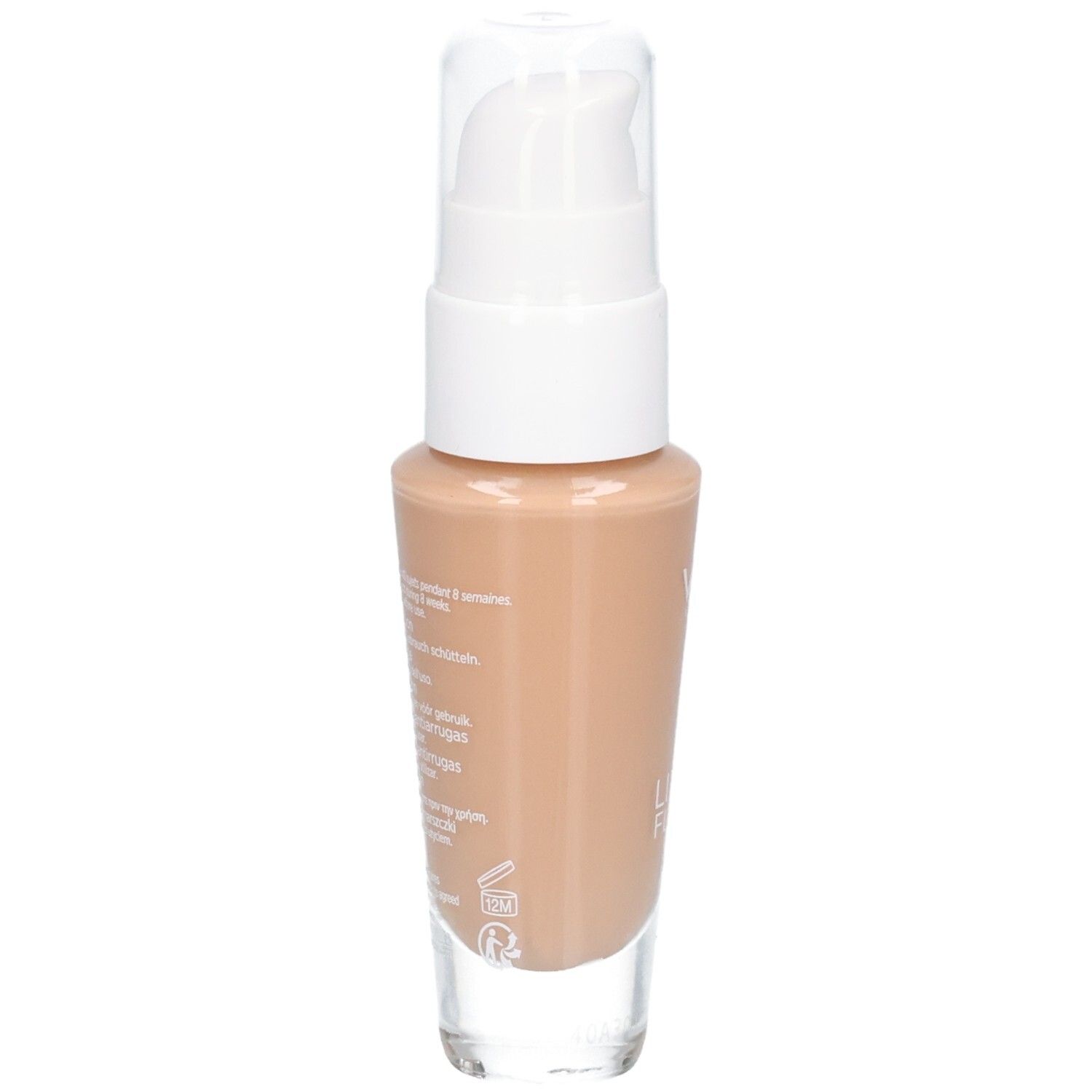 Beige foundationfles met witte pomp. Achteraanzicht met tekst.