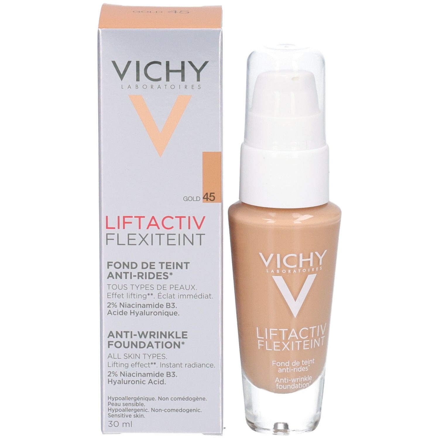 Foundationfles en doos. Opschrift Vichy, Flexiteint, Gold 45. 30 ml.