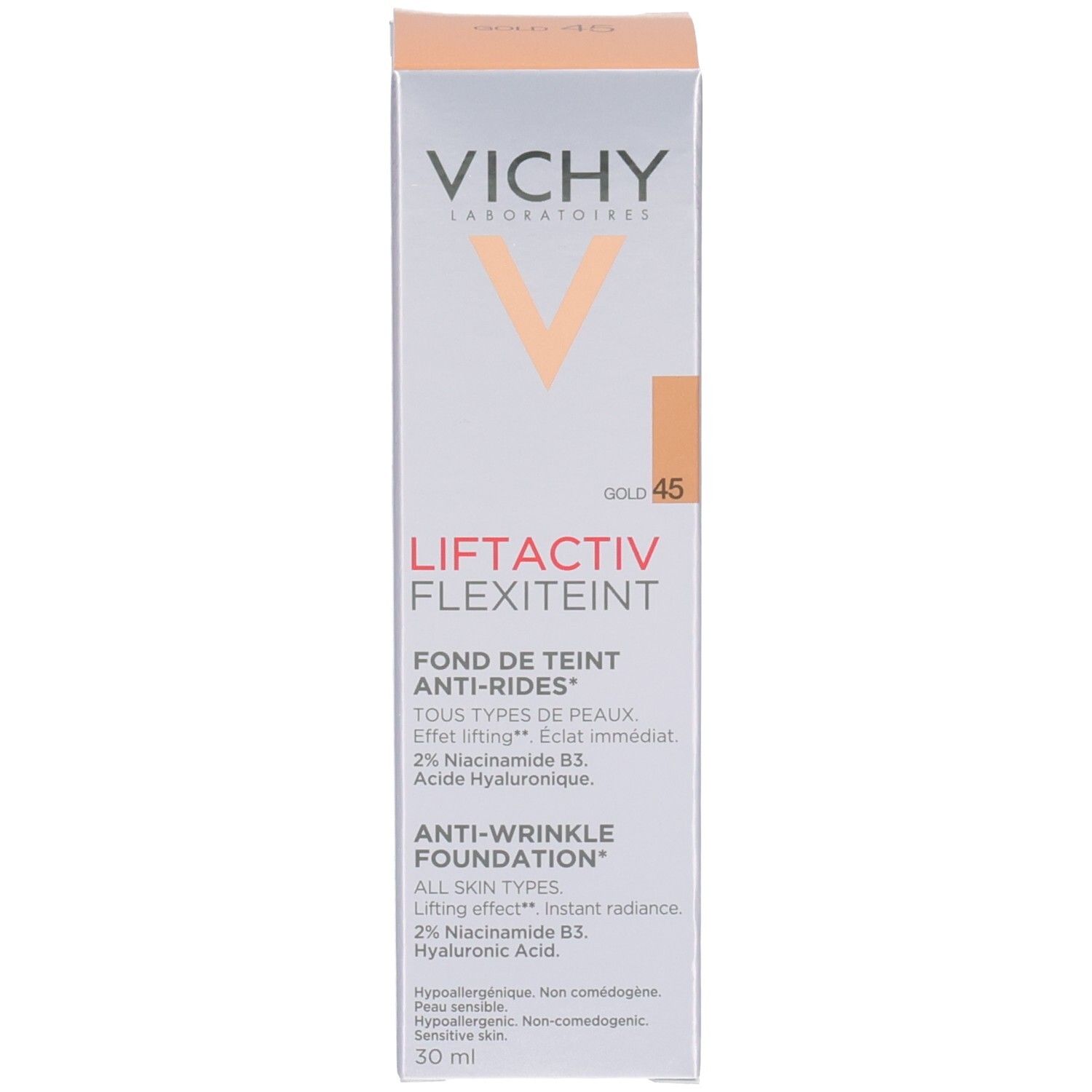 Doos met foundation. Opschrift Vichy, Flexiteint, Gold 45. 30 ml.