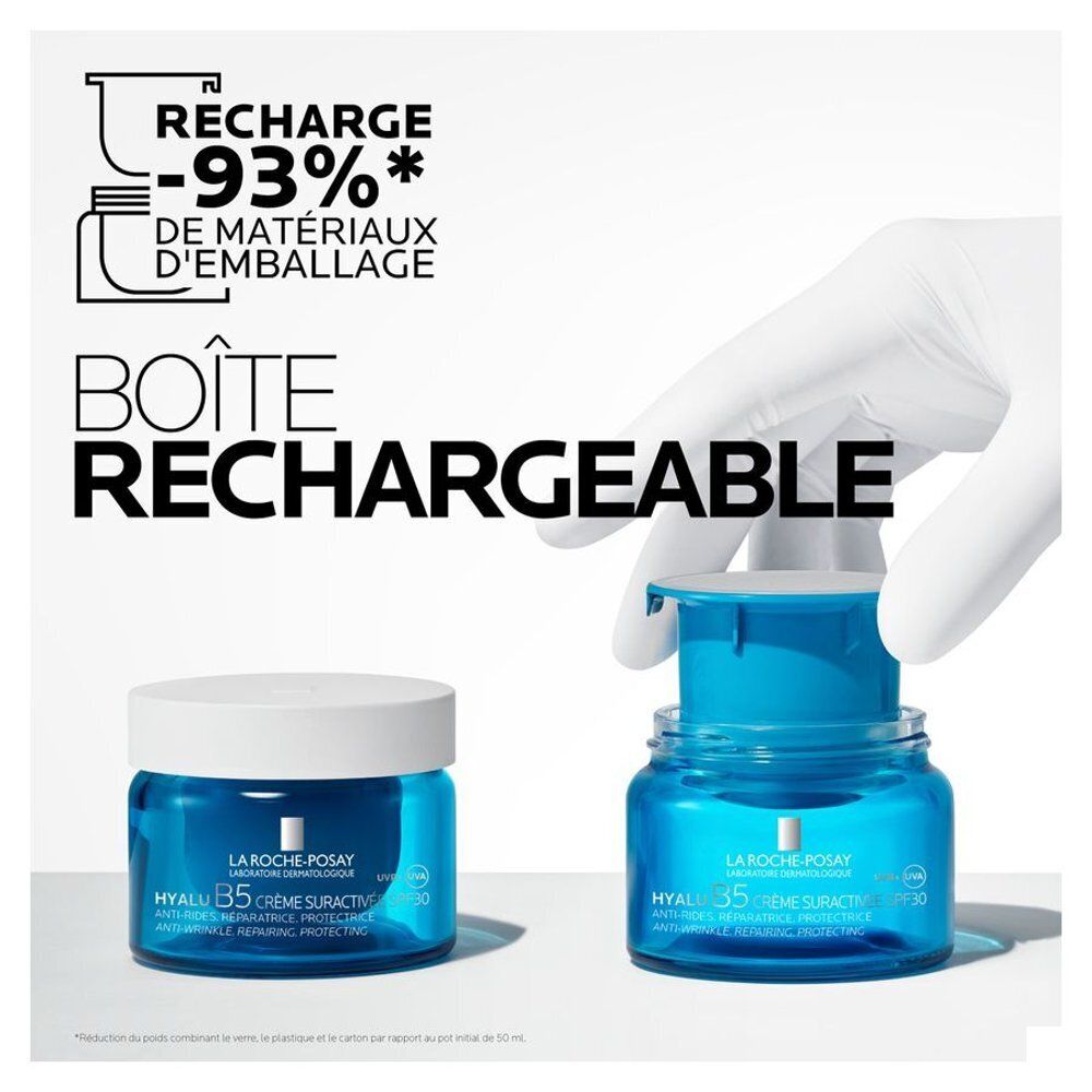 Produit et recharge. Inscription: La Roche-Posay Hyalu B5. Boîte Rechargeable. -93% de matériaux d'emballage.