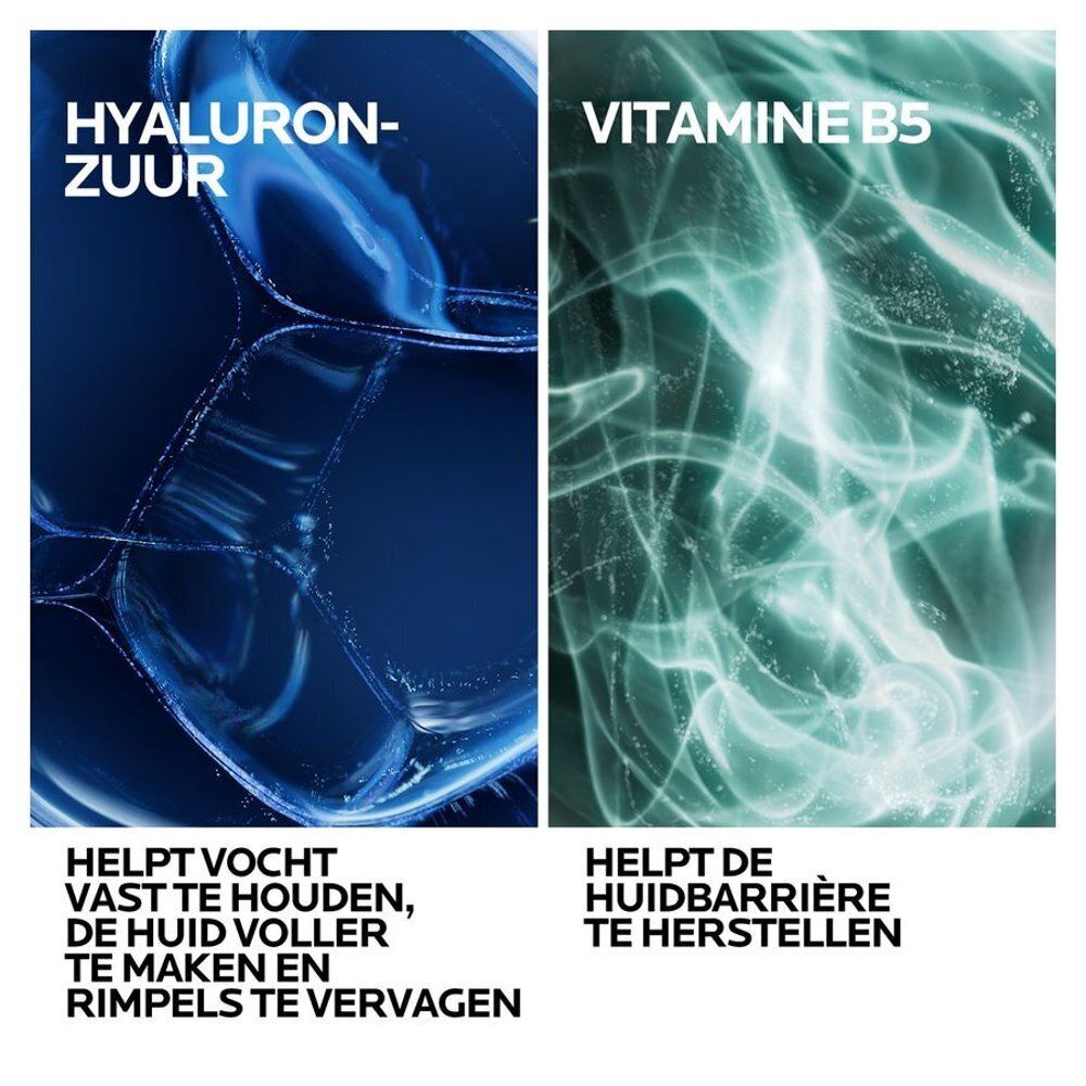 Crème op de huid. Opschrift: Geschikt voor alle huidtypes. La Roche-Posay Hyalu B5 Crème Suractivée SPF30.