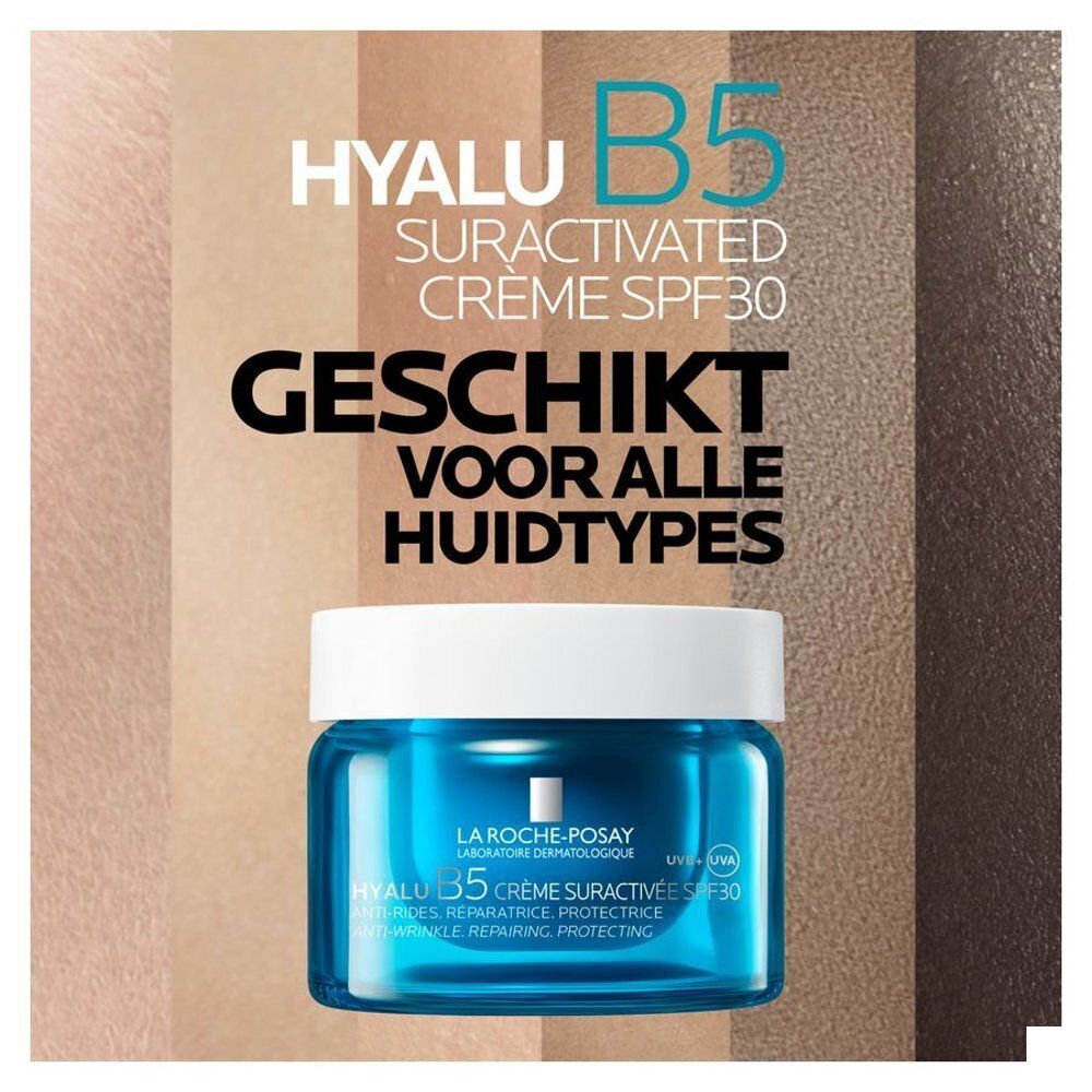 Crème op de huid. Opschrift: Geschikt voor alle huidtypes. La Roche-Posay Hyalu B5 Crème Suractivée SPF30.