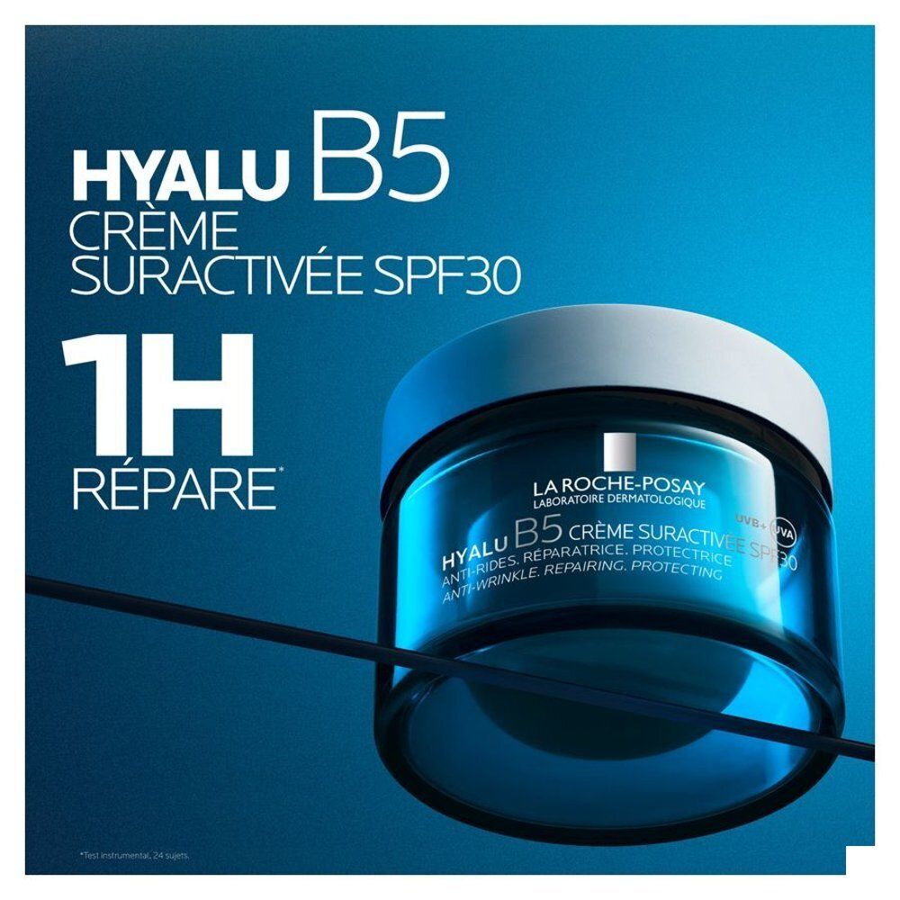 Pot de crème. Texte: 1h réparation. La Roche-Posay Hyalu B5 Crème Suractivée SPF30.