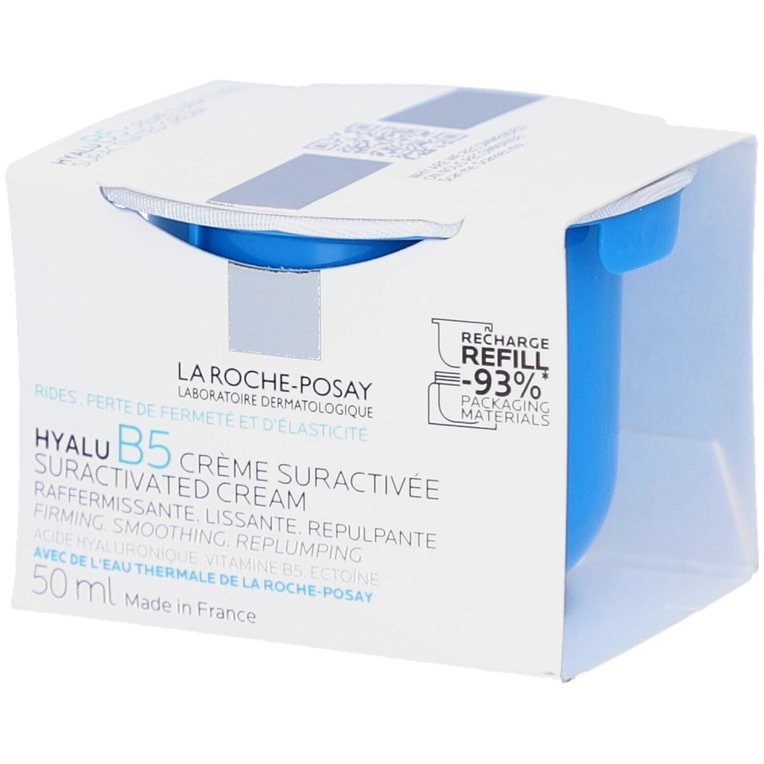 Blauwe crème in witte verpakking. Tekst: La Roche-Posay, Hyalu B5 Crème Suractivée. Verpakkingsmaterialen -93%.