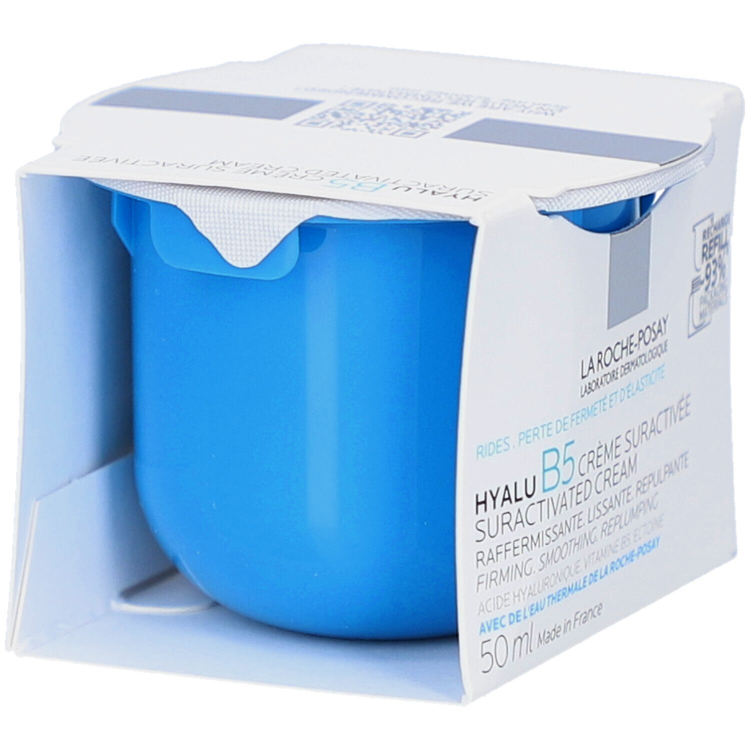 Blauwe crème in witte verpakking. Tekst: La Roche-Posay, Hyalu B5 Crème Suractivée. Verpakkingsmaterialen -93%.