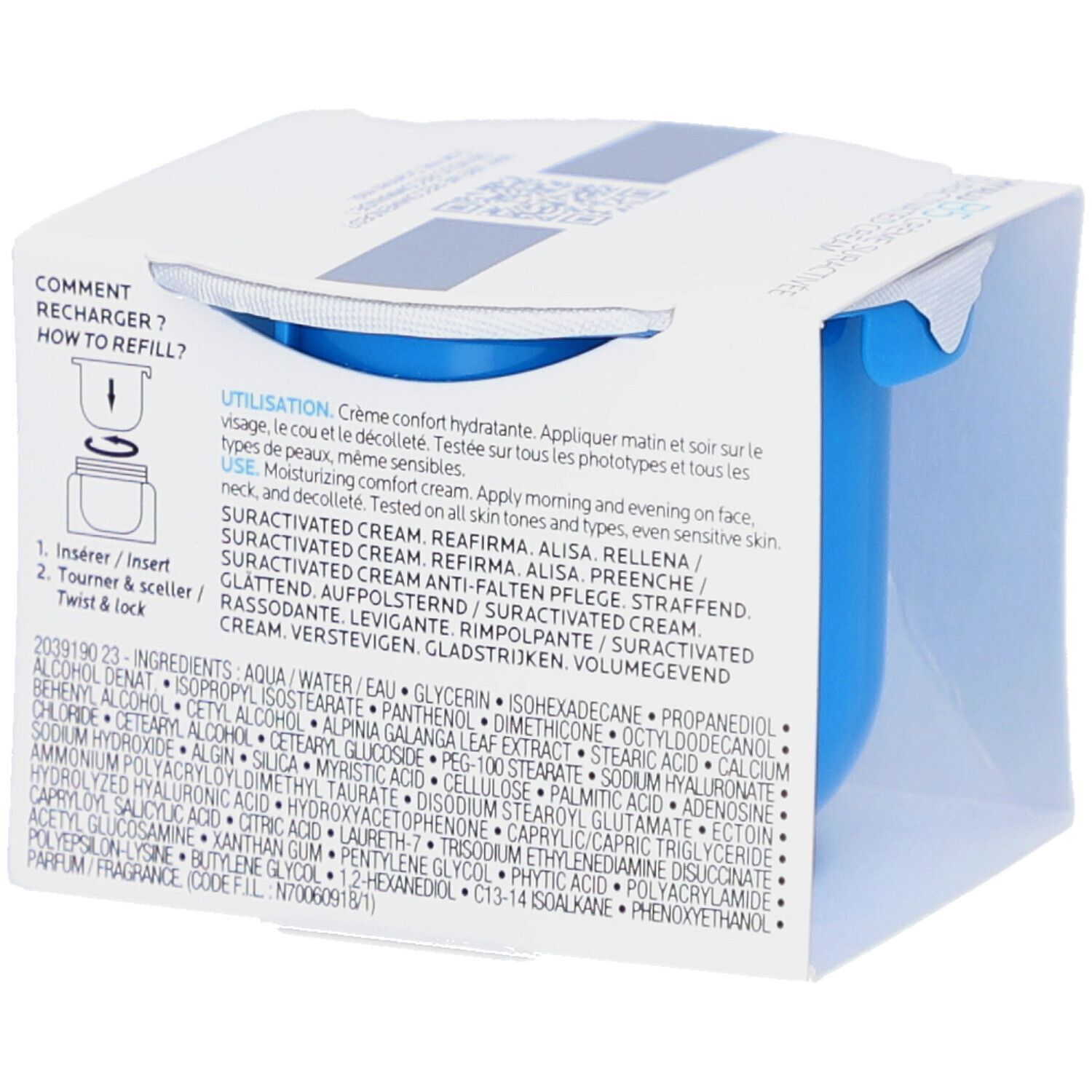 Achterkant van de verpakking. Tekst: Gebruik, ingrediënten. Blauwe crème in witte verpakking.