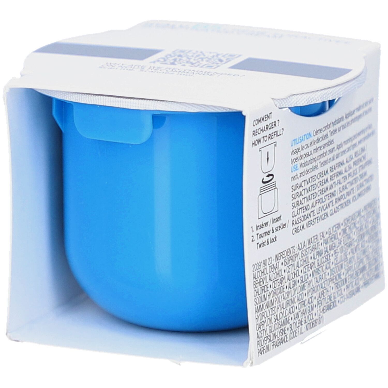 Blauwe crème in witte verpakking. Tekst: La Roche-Posay, Hyalu B5 Crème Suractivée. Verpakkingsmaterialen -93%.