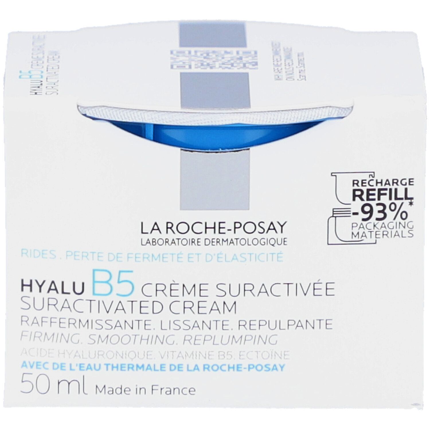 Witte verpakking met blauwe crème. Tekst: La Roche-Posay, Hyalu B5 Crème Suractivée. Verpakkingsmaterialen -93%.