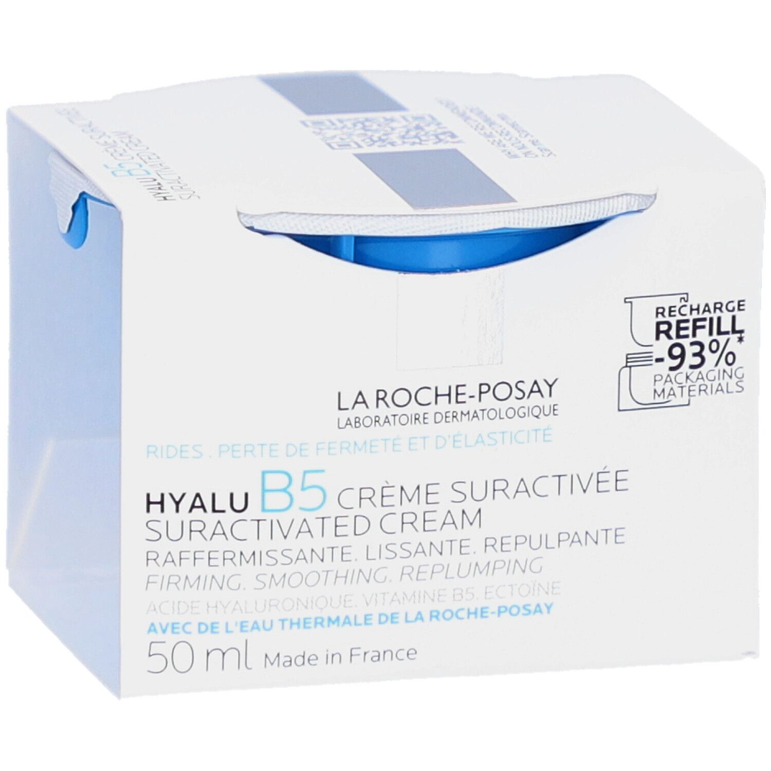 Witte verpakking met blauwe crème. Tekst: La Roche-Posay, Hyalu B5 Crème Suractivée. Verpakkingsmaterialen -93%.