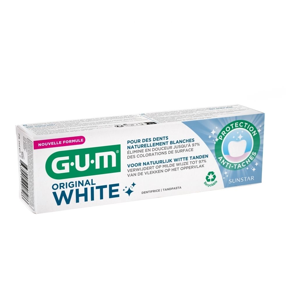 Boîte de dentifrice G-U-M Original White. Texte en français. Protection anti-taches.