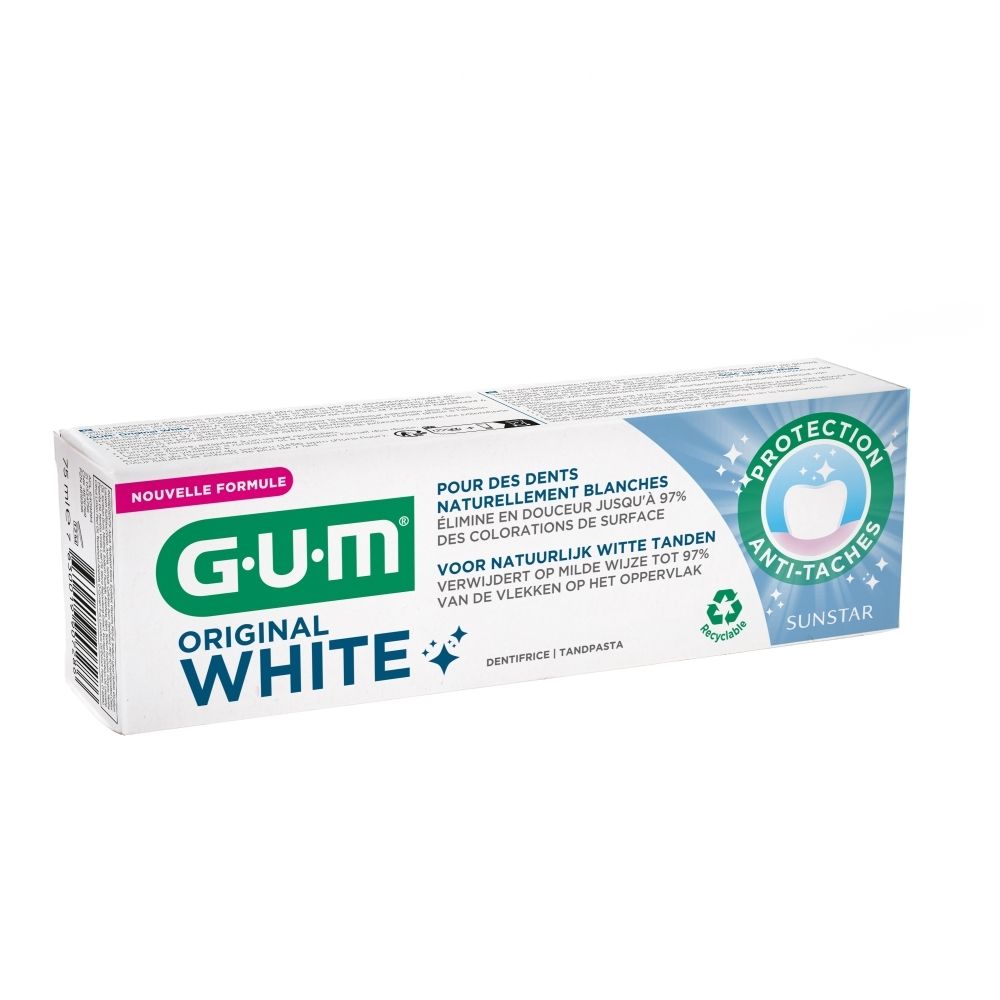 Tandpastadoos G-U-M Original White. Tekst in het Nederlands. Anti-vlekken bescherming.