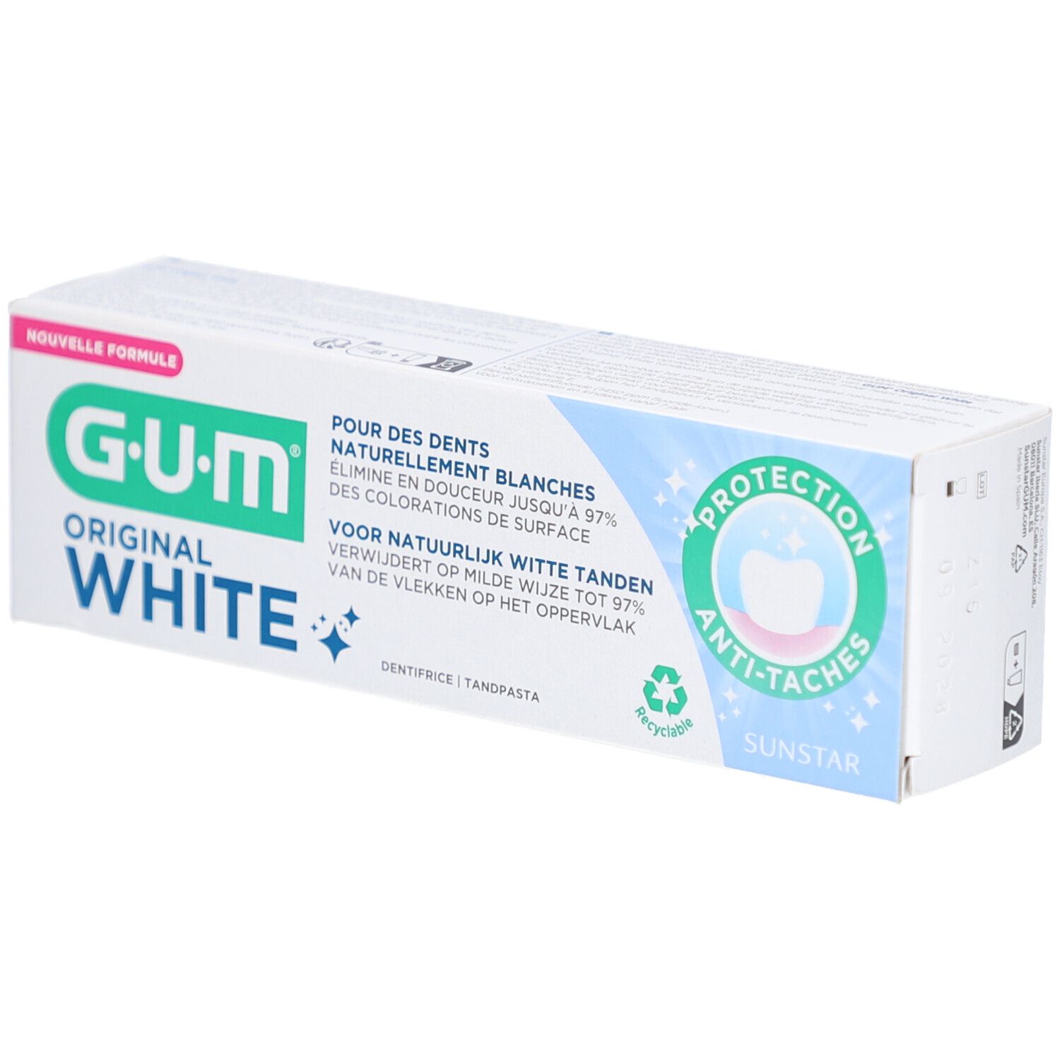 Emballage de dentifrice G-U-M Original White. Éléments bleus et verts. Texte : Pour des dents naturellement blanches.