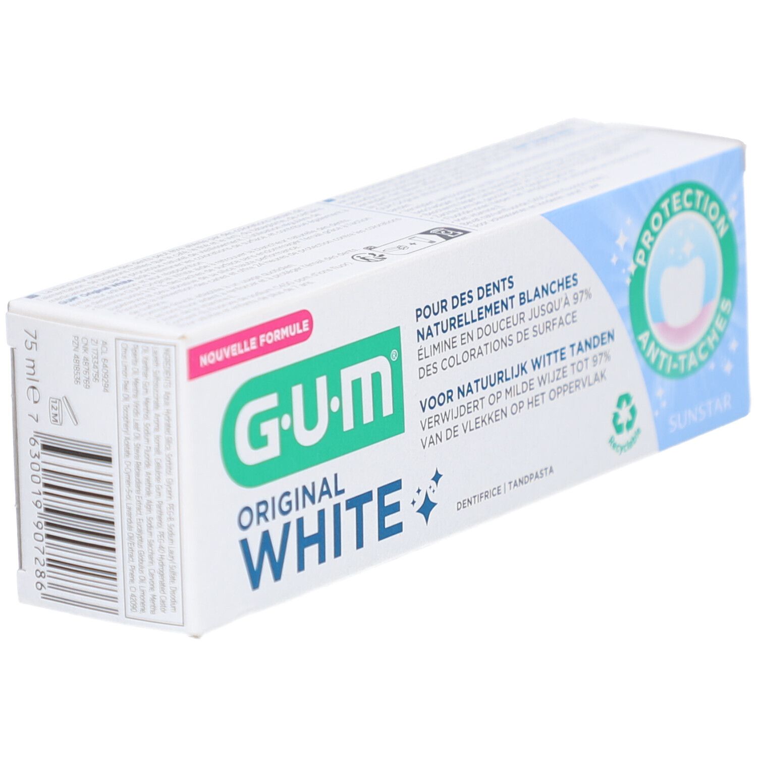Emballage de dentifrice G-U-M Original White. Éléments bleus et verts. Code-barres et texte sur le côté.