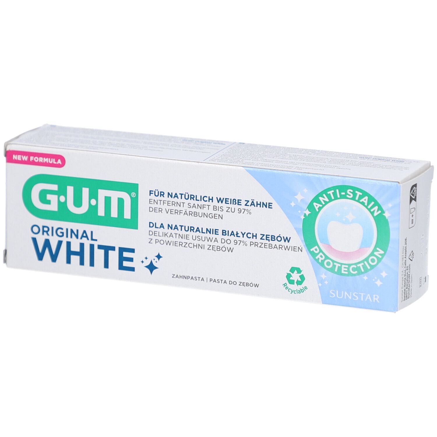 Emballage de dentifrice G-U-M Original White. Éléments bleus et verts. Texte : Für natürlich weisse Zähne.