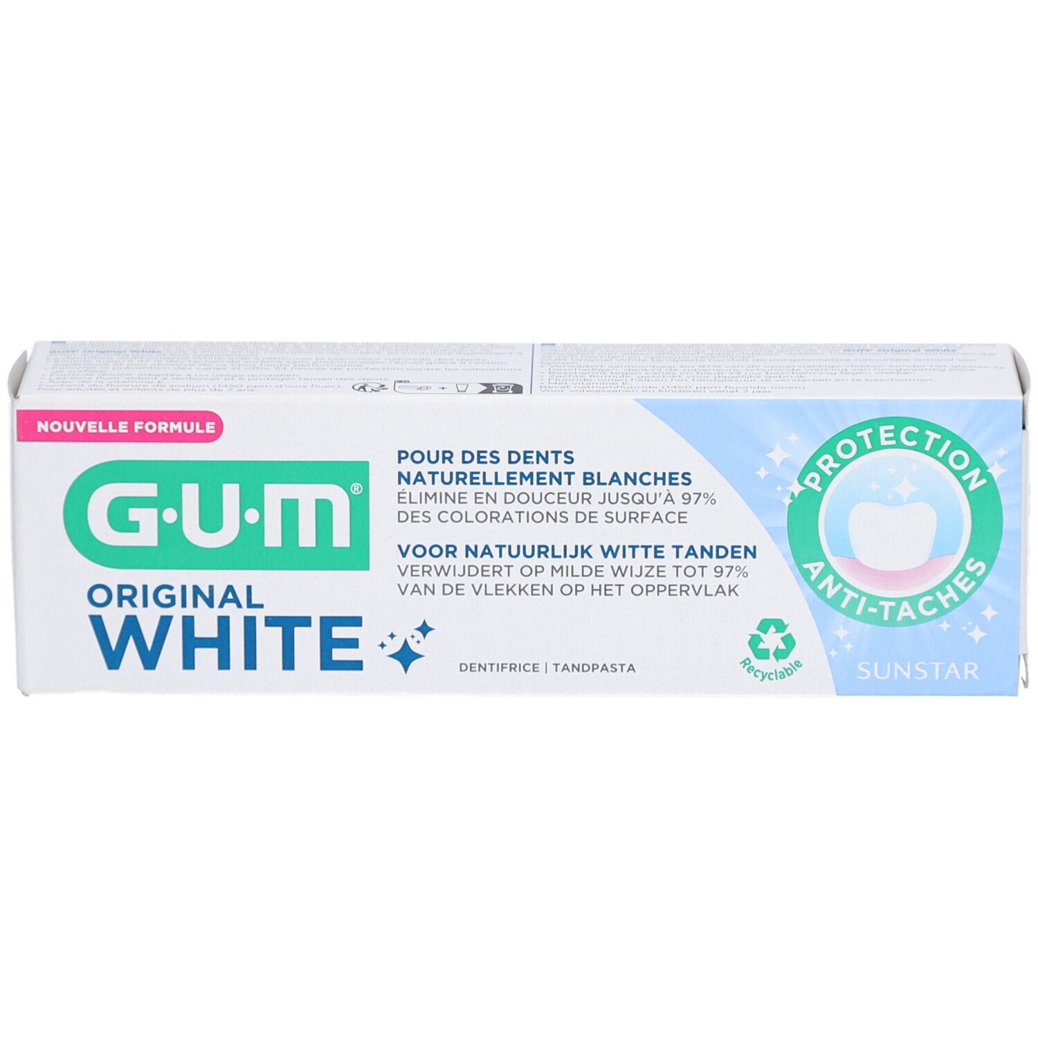 Emballage de dentifrice G-U-M Original White. Éléments bleus et verts. Texte : Pour des dents naturellement blanches.