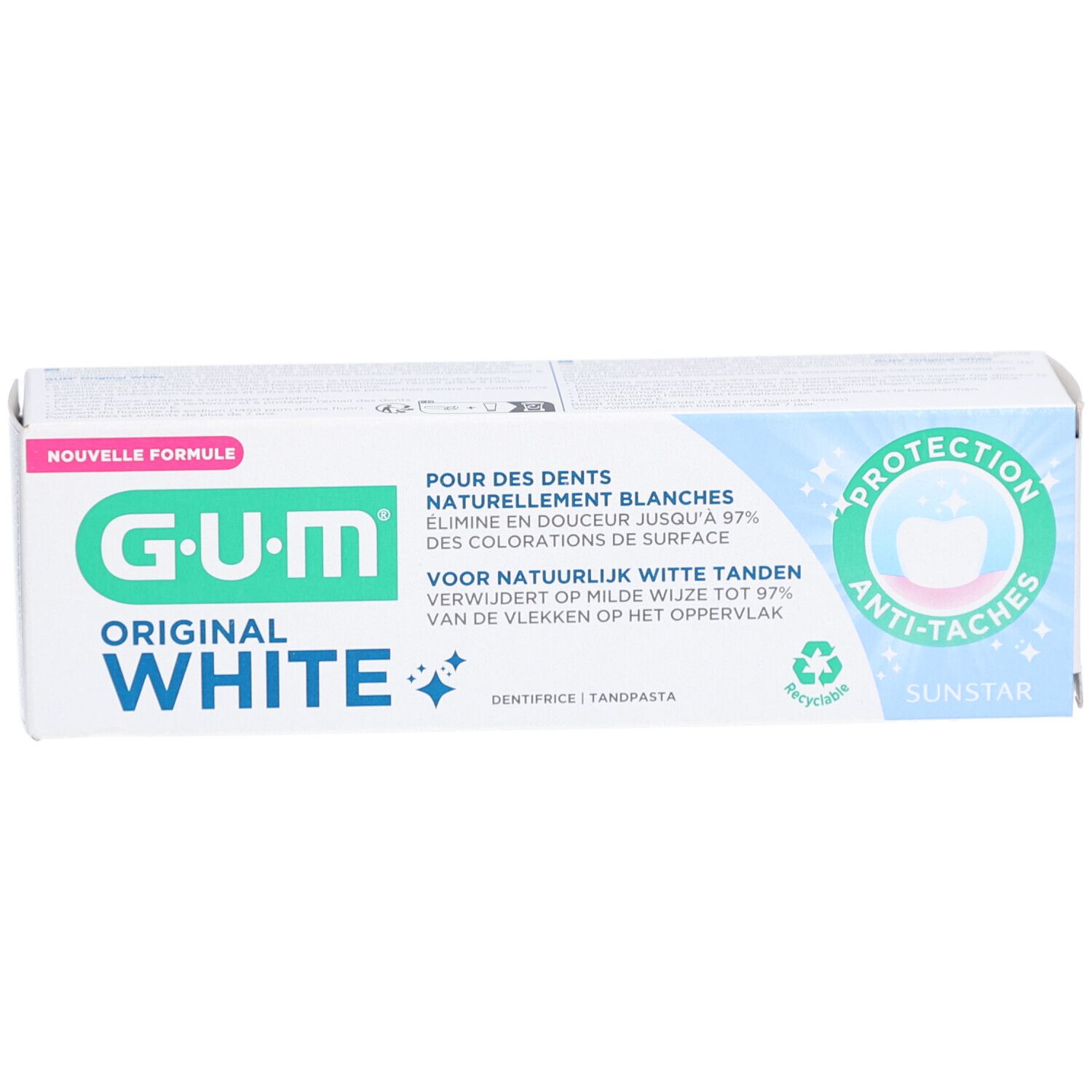 Emballage de dentifrice G-U-M Original White. Éléments bleus et verts. Texte : Pour des dents naturellement blanches.