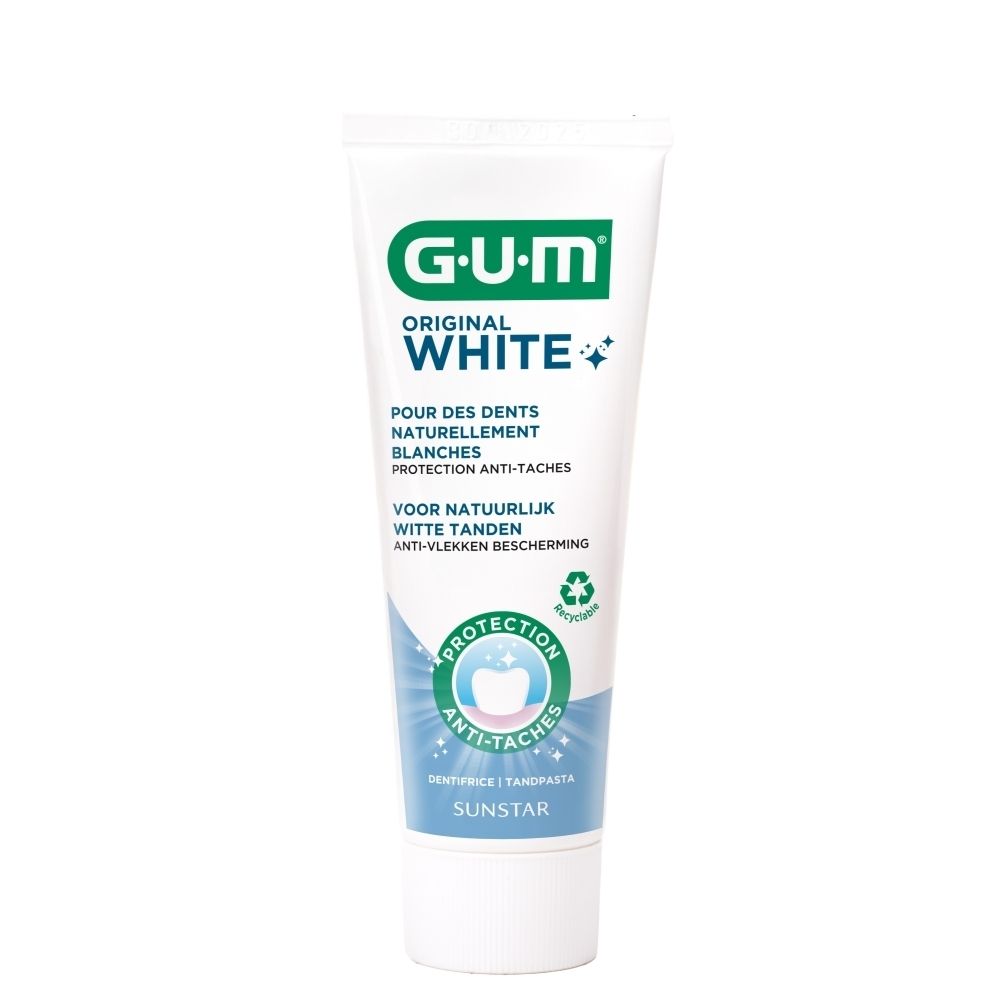 Tube de dentifrice G-U-M Original White. Texte en français. Protection anti-taches.