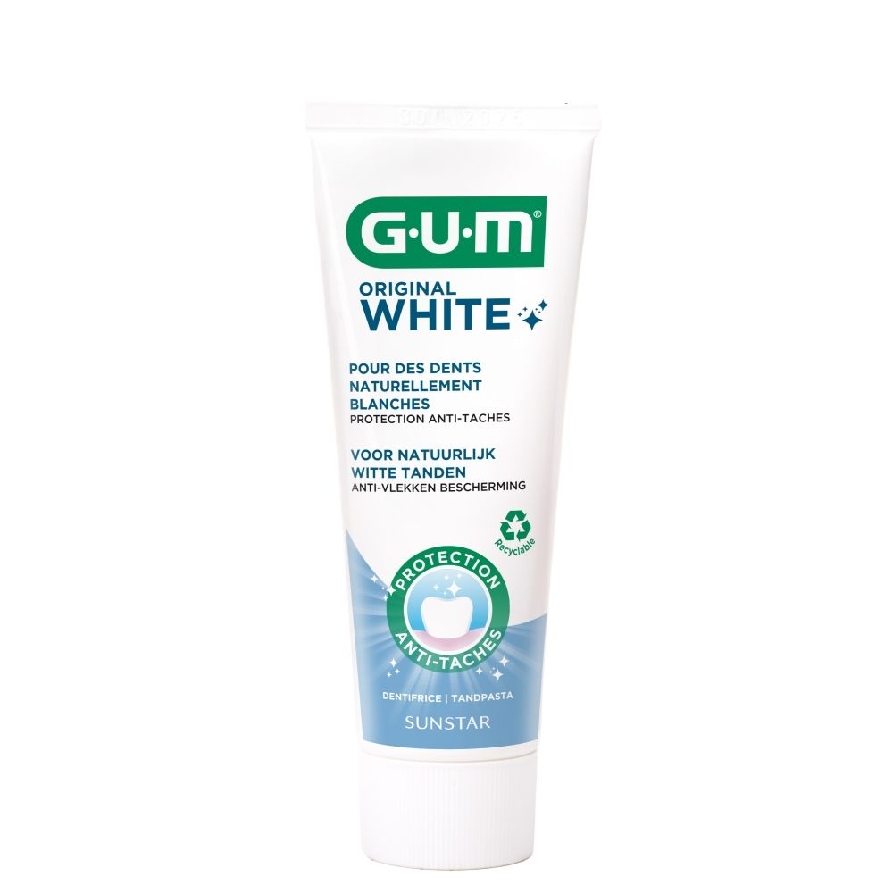 Tandpastatube G-U-M Original White. Tekst in het Nederlands. Anti-vlekken bescherming.