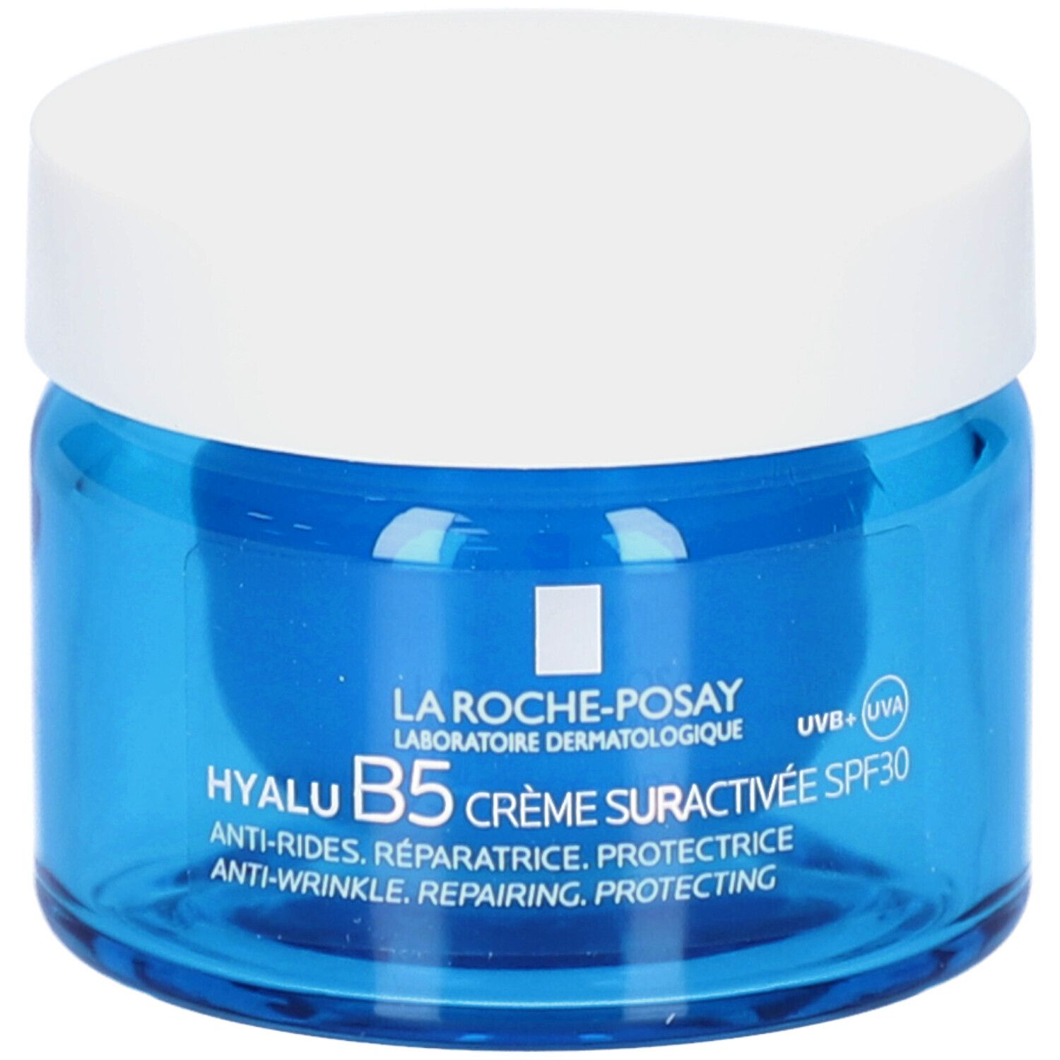Pot de crème bleu avec couvercle blanc. Inscription: La Roche-Posay, Hyalu B5 Crème Suractivée SPF30.
