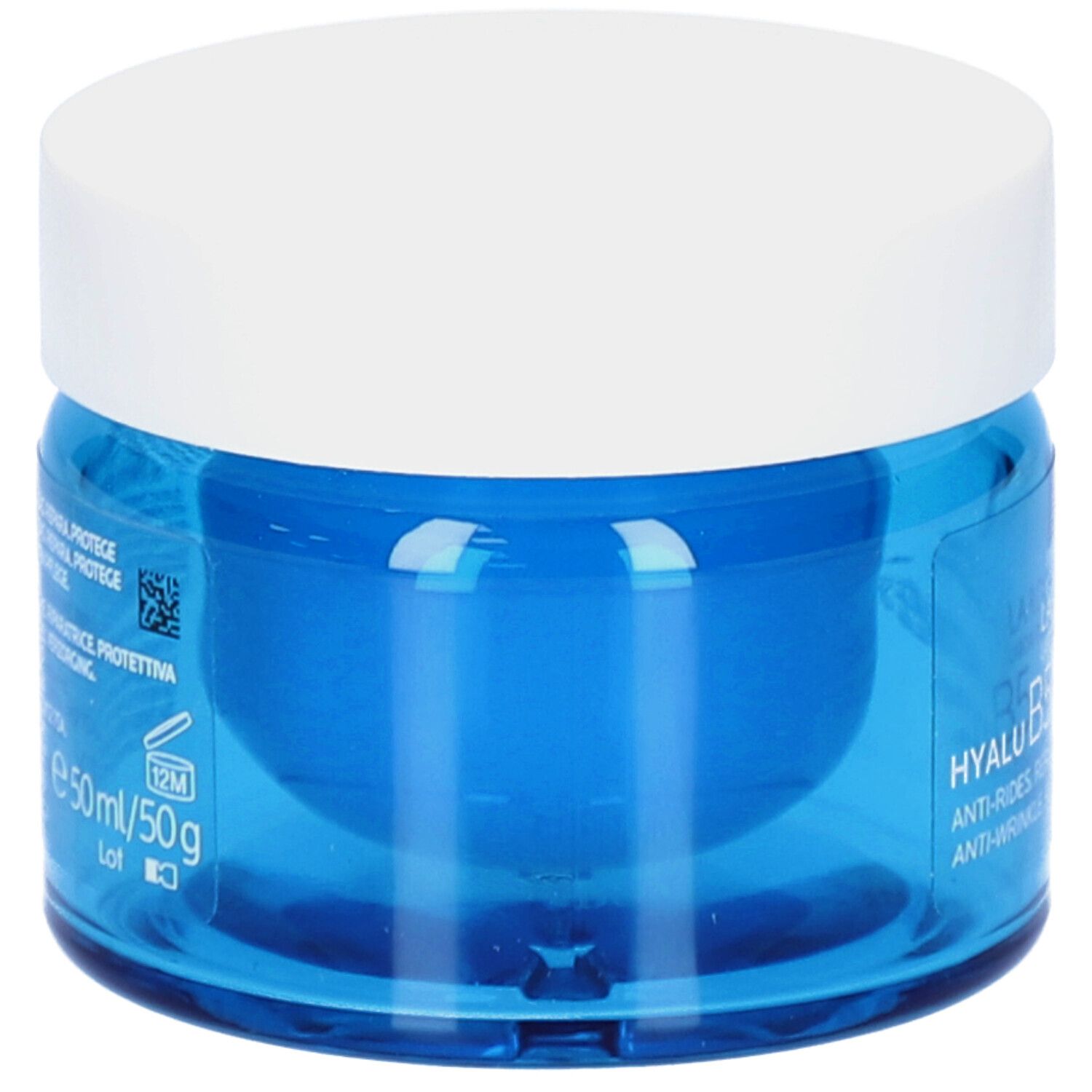 Pot de crème bleu avec couvercle blanc. Inscriptions et informations au dos.