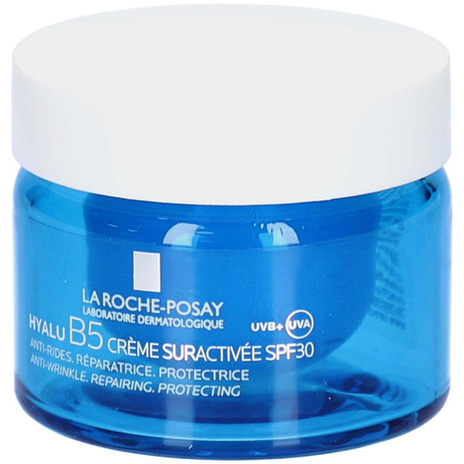 Pot de crème bleu avec couvercle blanc. Inscription: La Roche-Posay, Hyalu B5 Crème Suractivée SPF30.