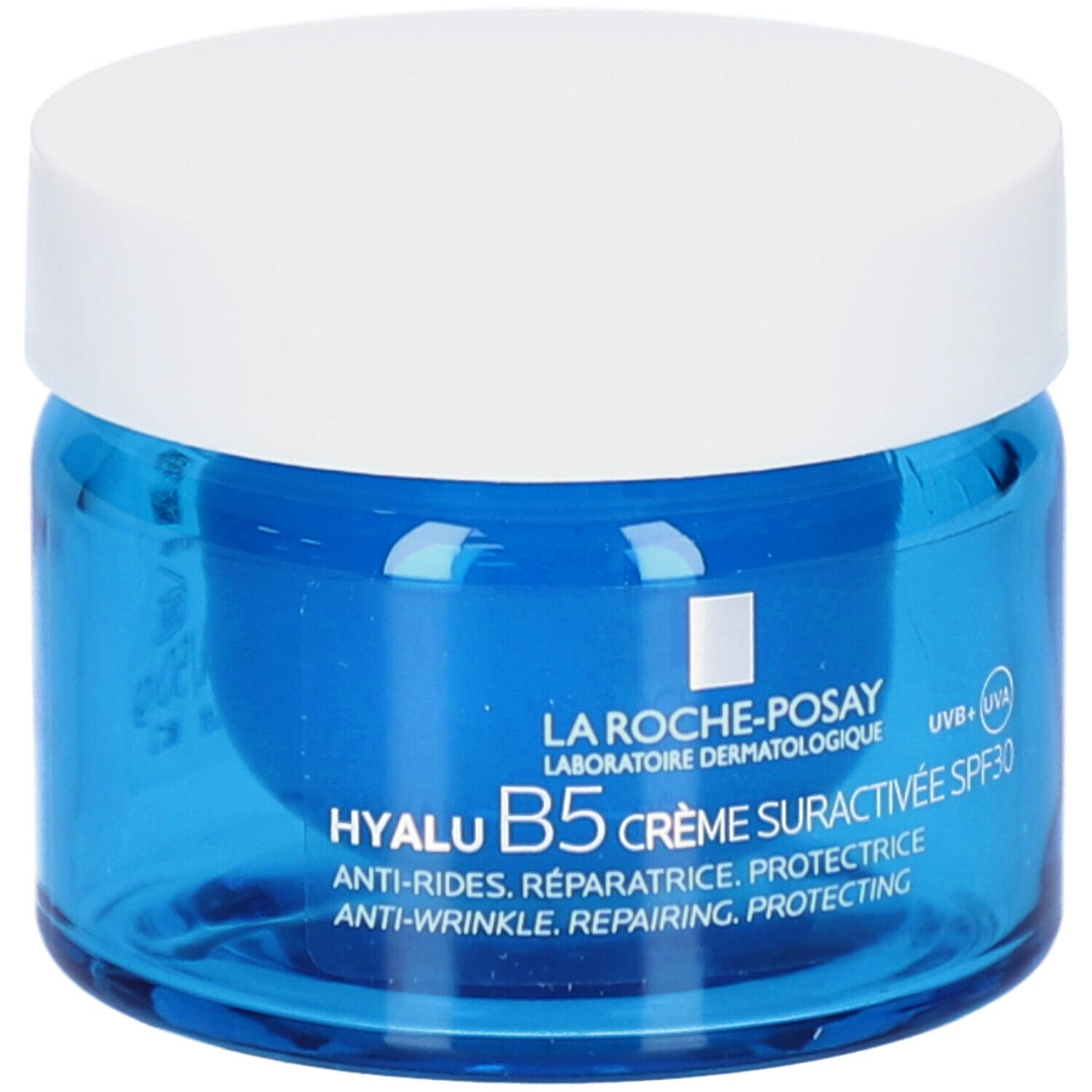 Pot de crème bleu avec couvercle blanc. Inscription: La Roche-Posay, Hyalu B5 Crème Suractivée SPF30.