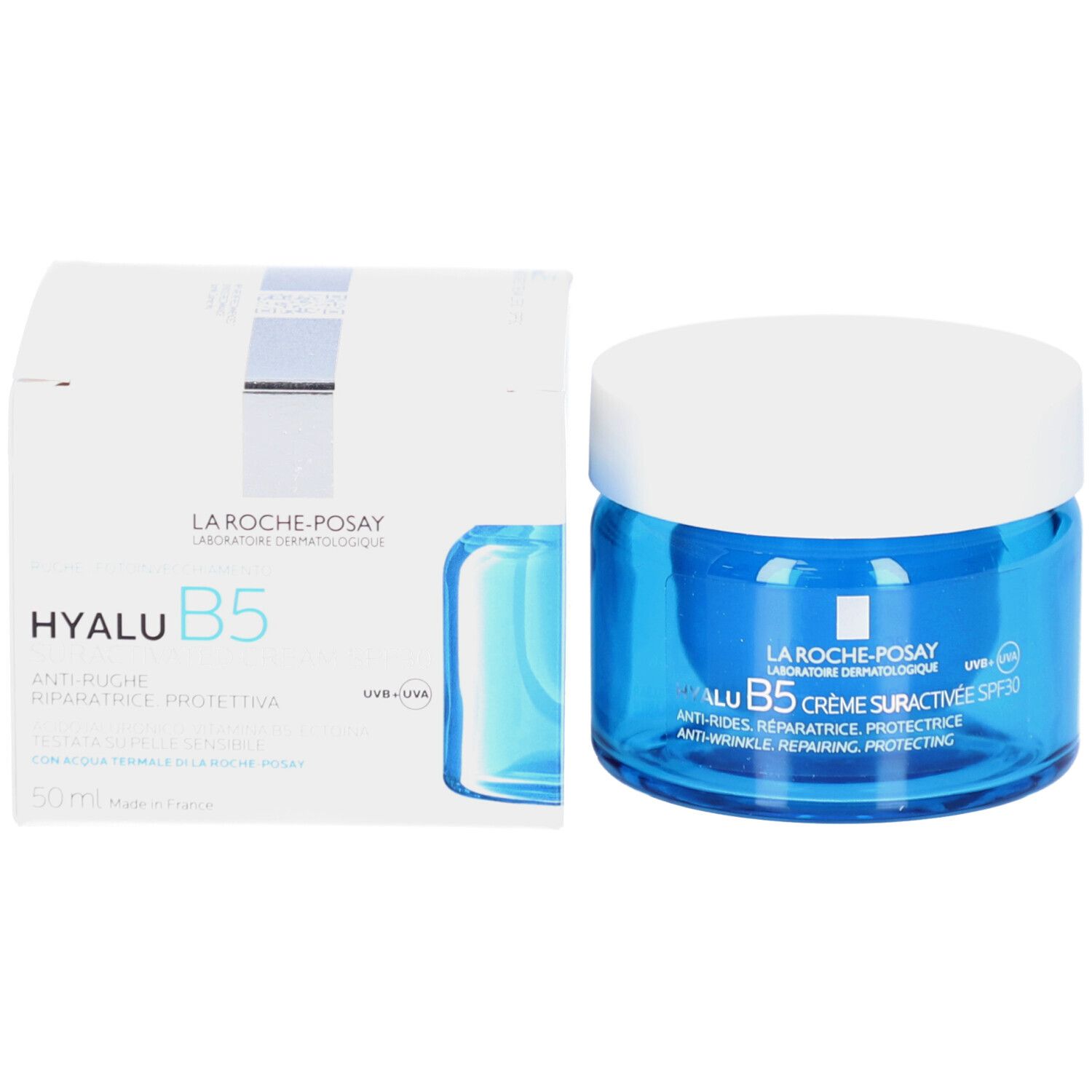 Emballage du produit avec pot de crème et boîte. Inscription: Hyalu B5.