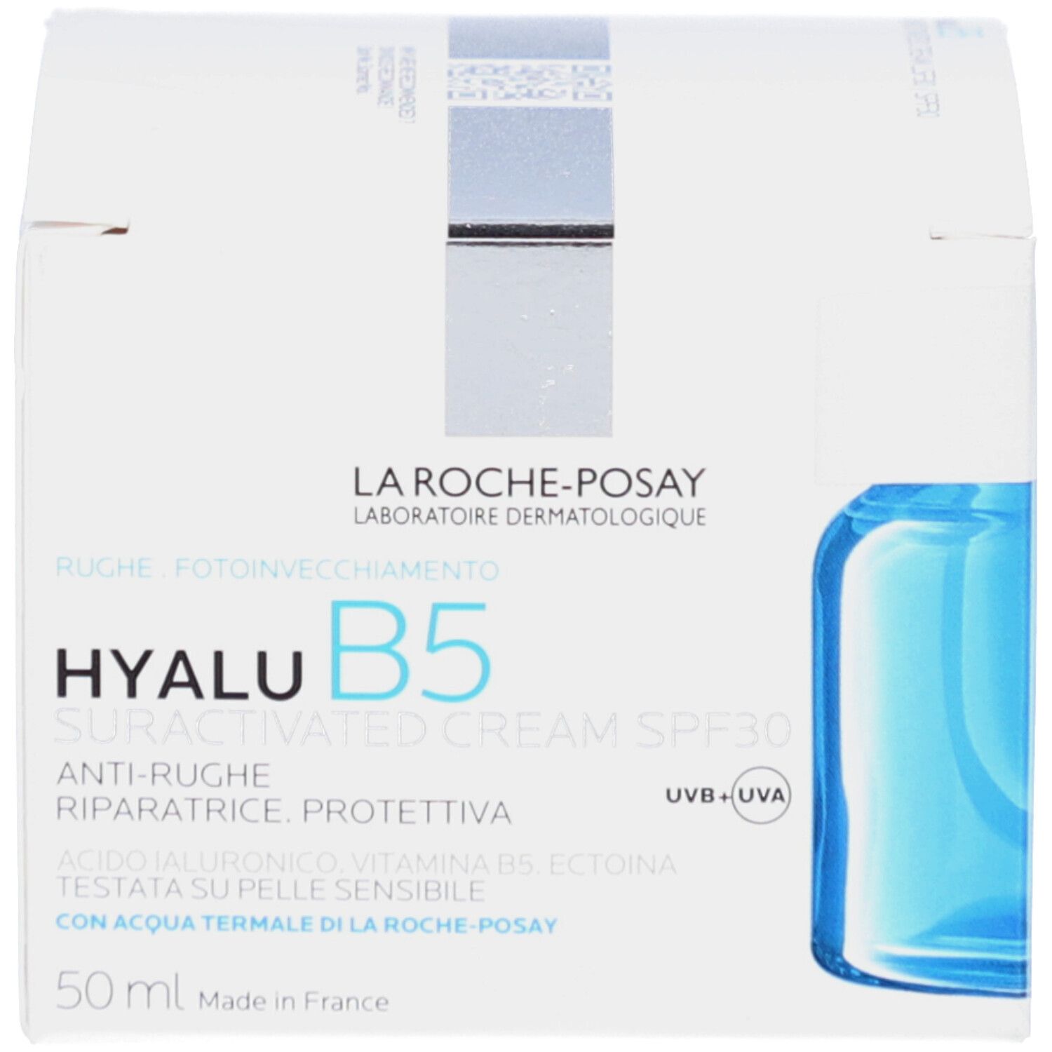 Emballage du produit avec pot de crème et boîte. Inscription: Hyalu B5.