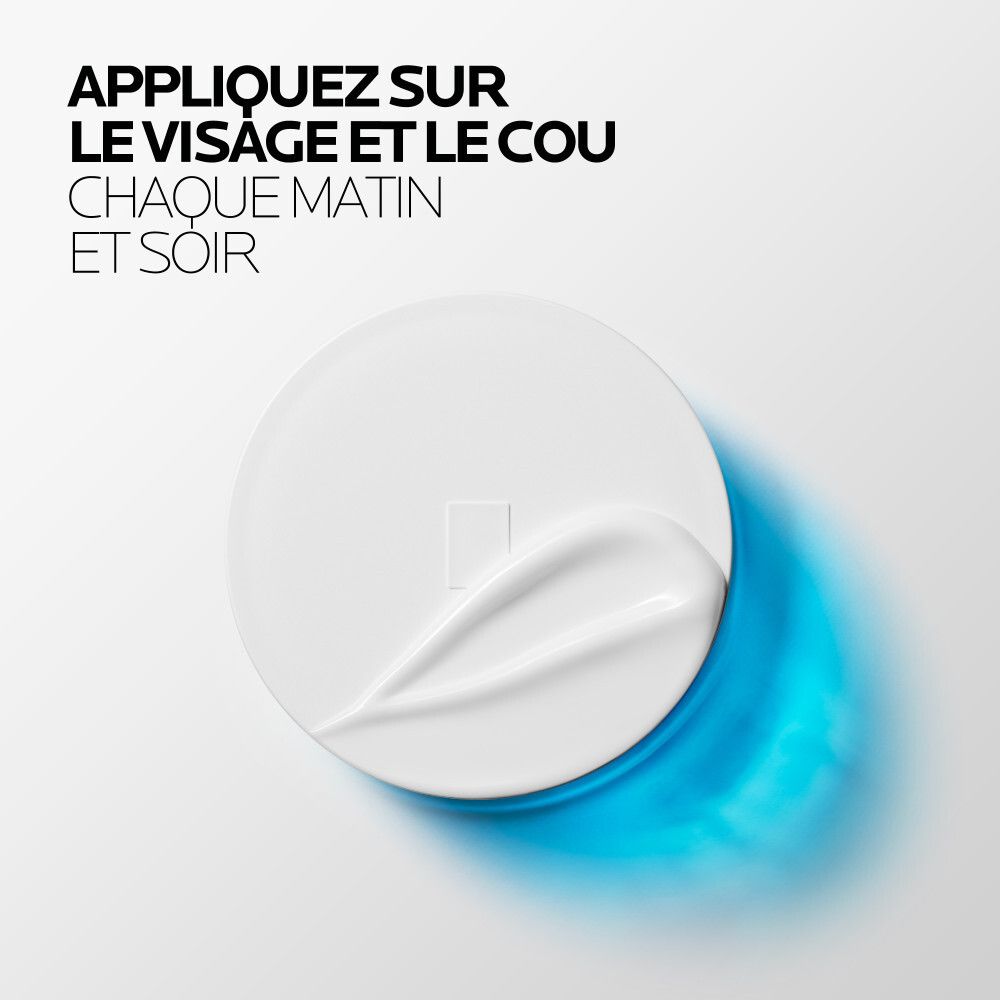 Couvercle blanc avec crème. Texte: Appliquer sur le visage et le cou chaque matin et soir.
