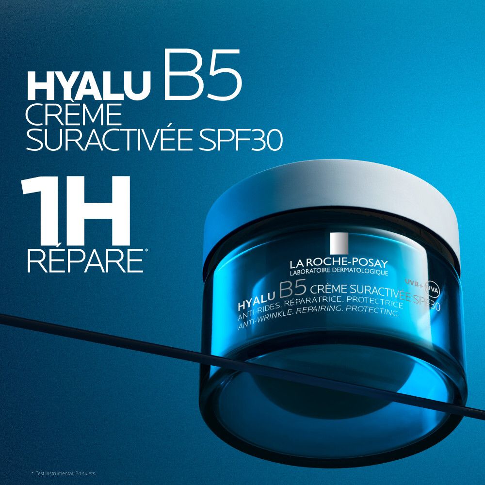 Pot bleu avec couvercle blanc. Texte: Hyalu B5 Crème Suractivée SPF30. 1H Répare.