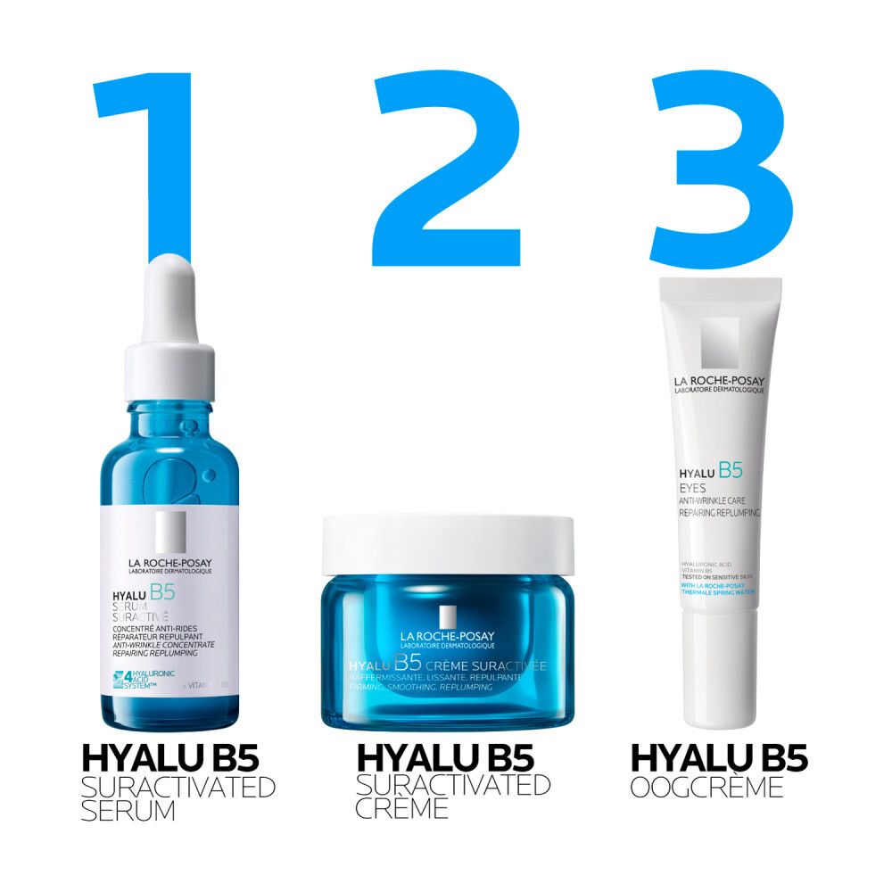 Drie producten: Hyalu B5 Serum, Crème Suractivée en Oogcrème.