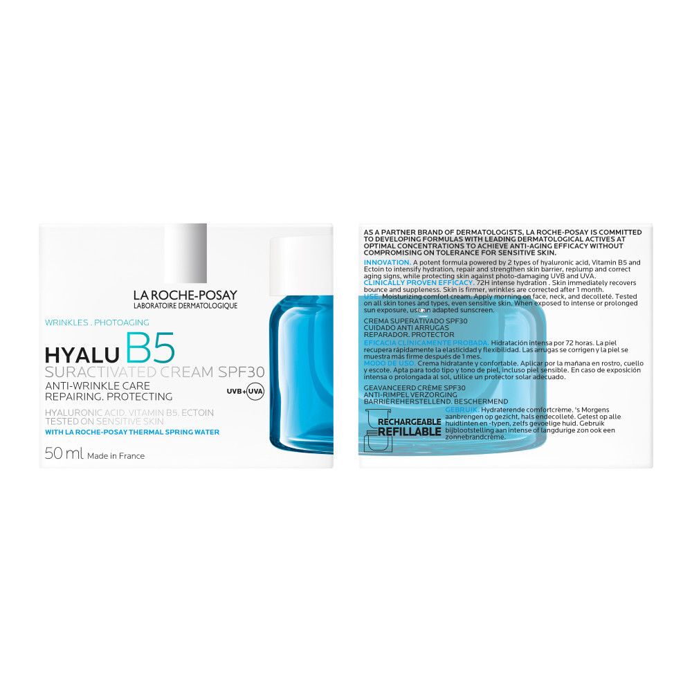 Emballage avec produit. Texte: Hyalu B5 Suractivée Crème SPF30. 50 ml.
