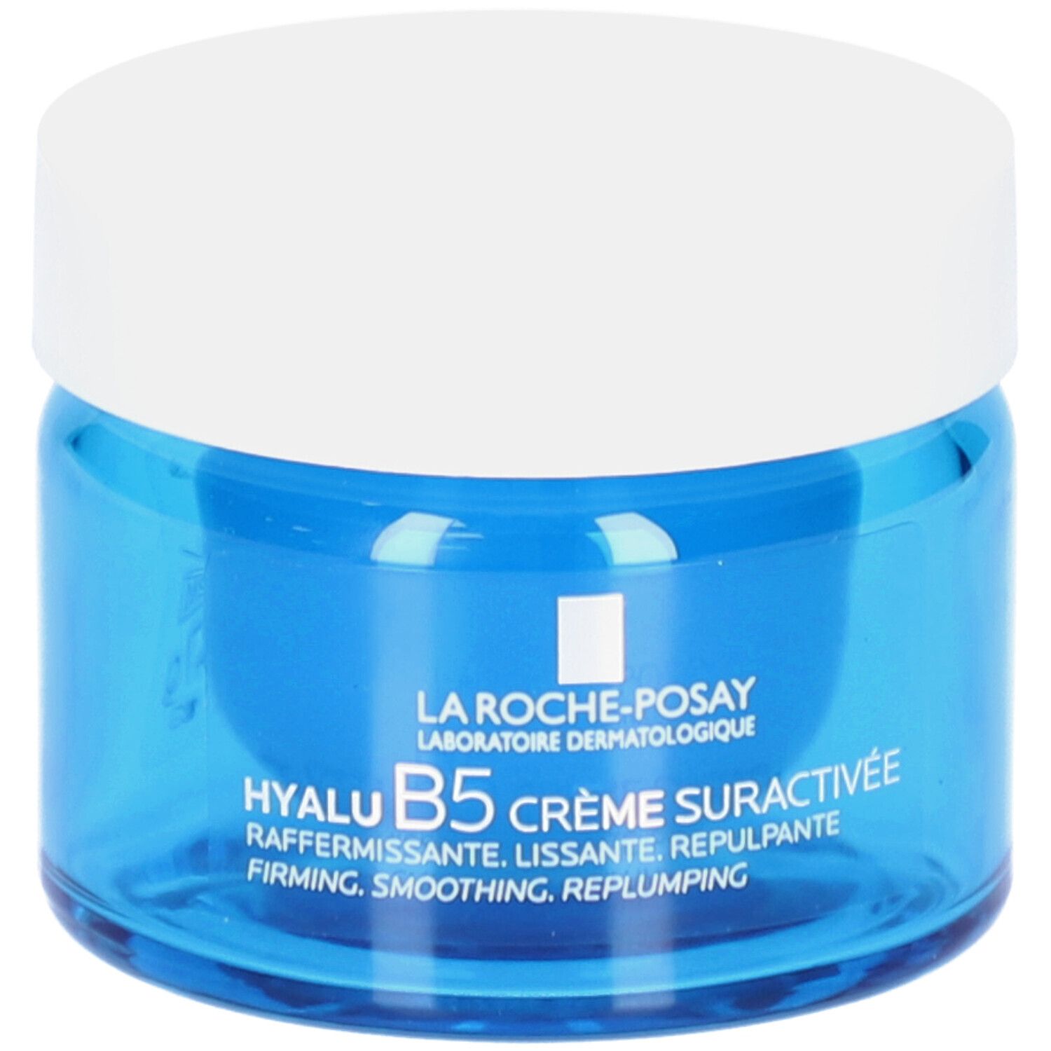 Blauwe pot met witte deksel. Opschrift: La Roche-Posay, Hyalu B5 Crème Suractivée. Tekst eronder.