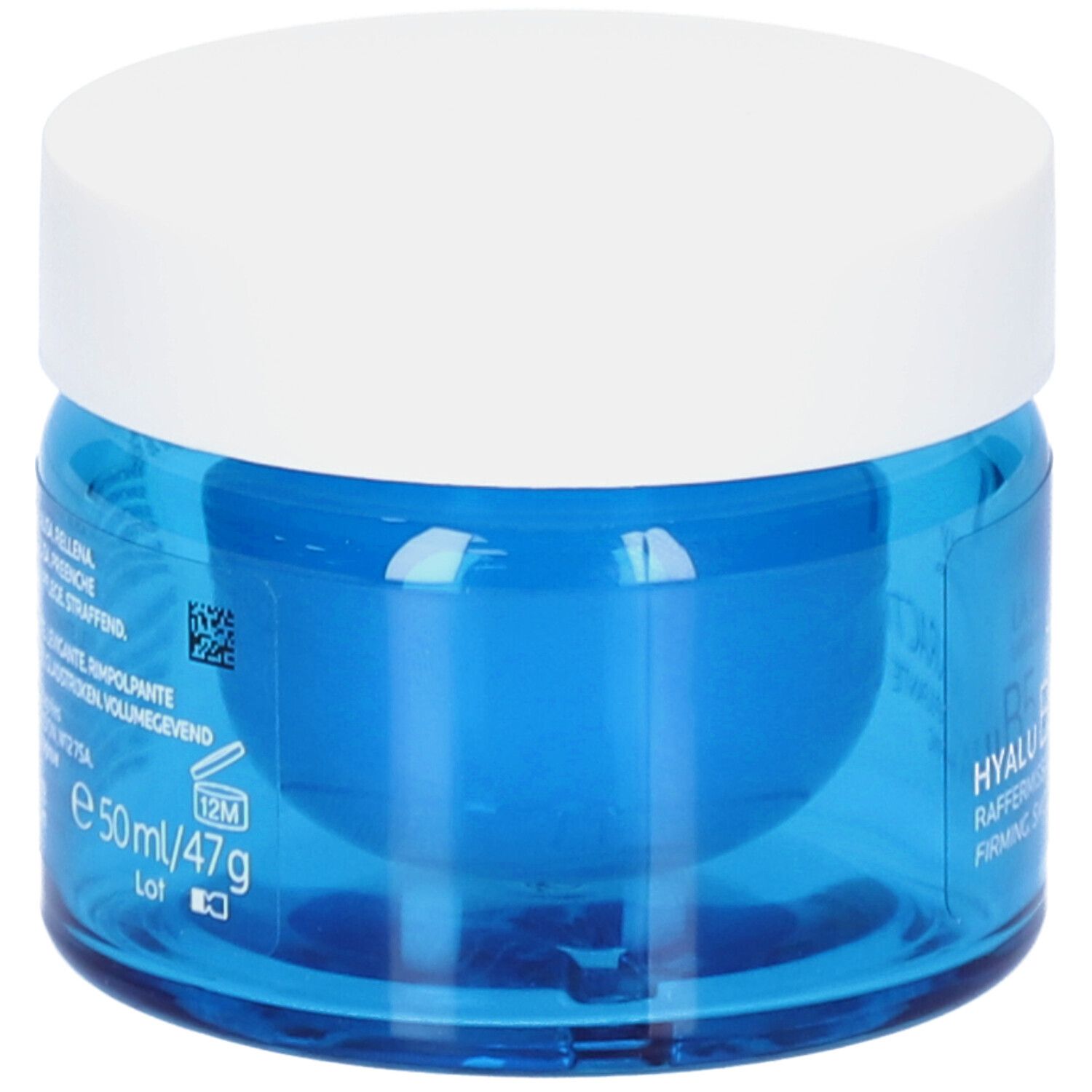 Achterkant blauwe pot met witte deksel. Tekst: Suractivated Cream, 50ml/47g, 12M, QR-code.