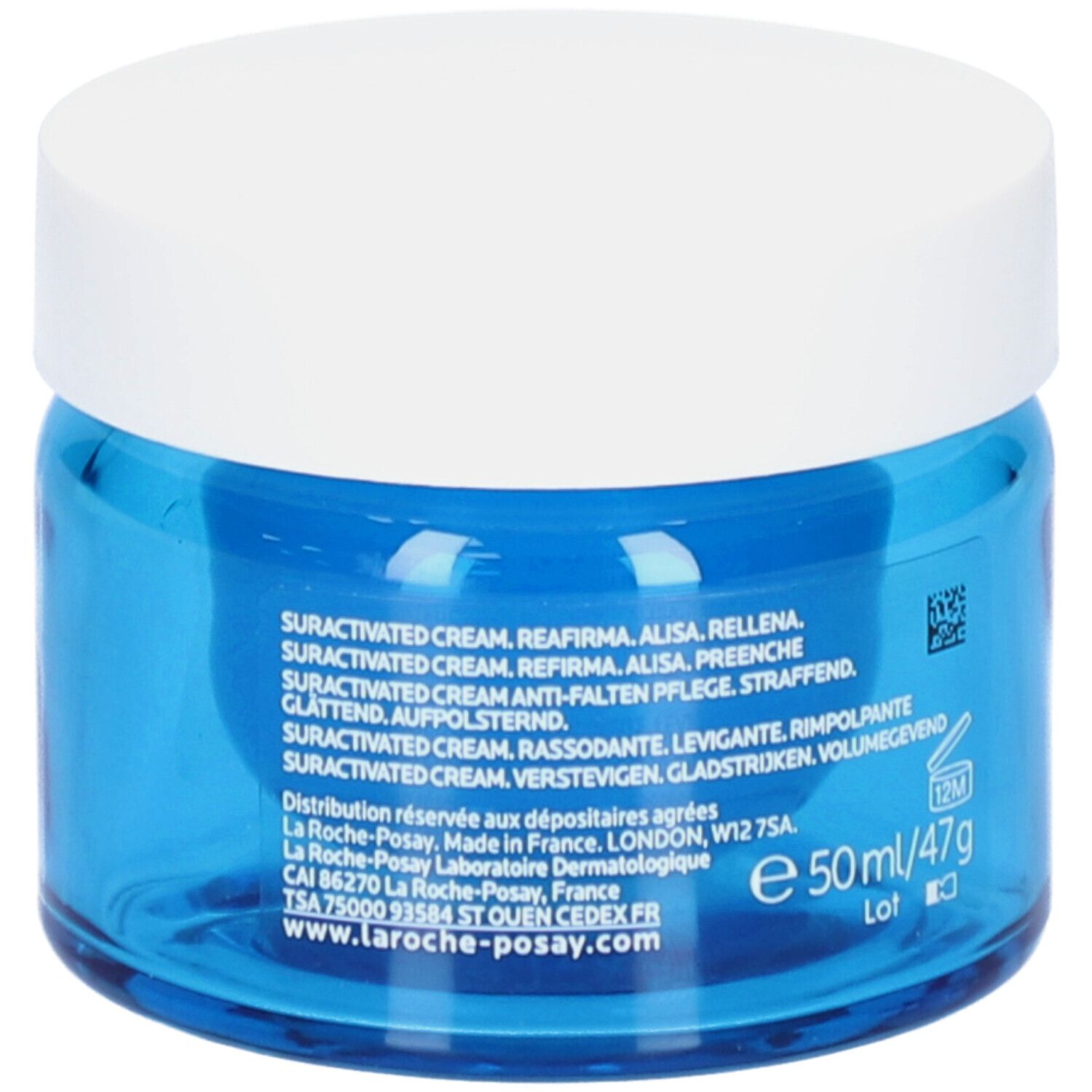 Achterkant blauwe pot met witte deksel. Tekst: Suractivated Cream, 50ml/47g, 12M, QR-code.