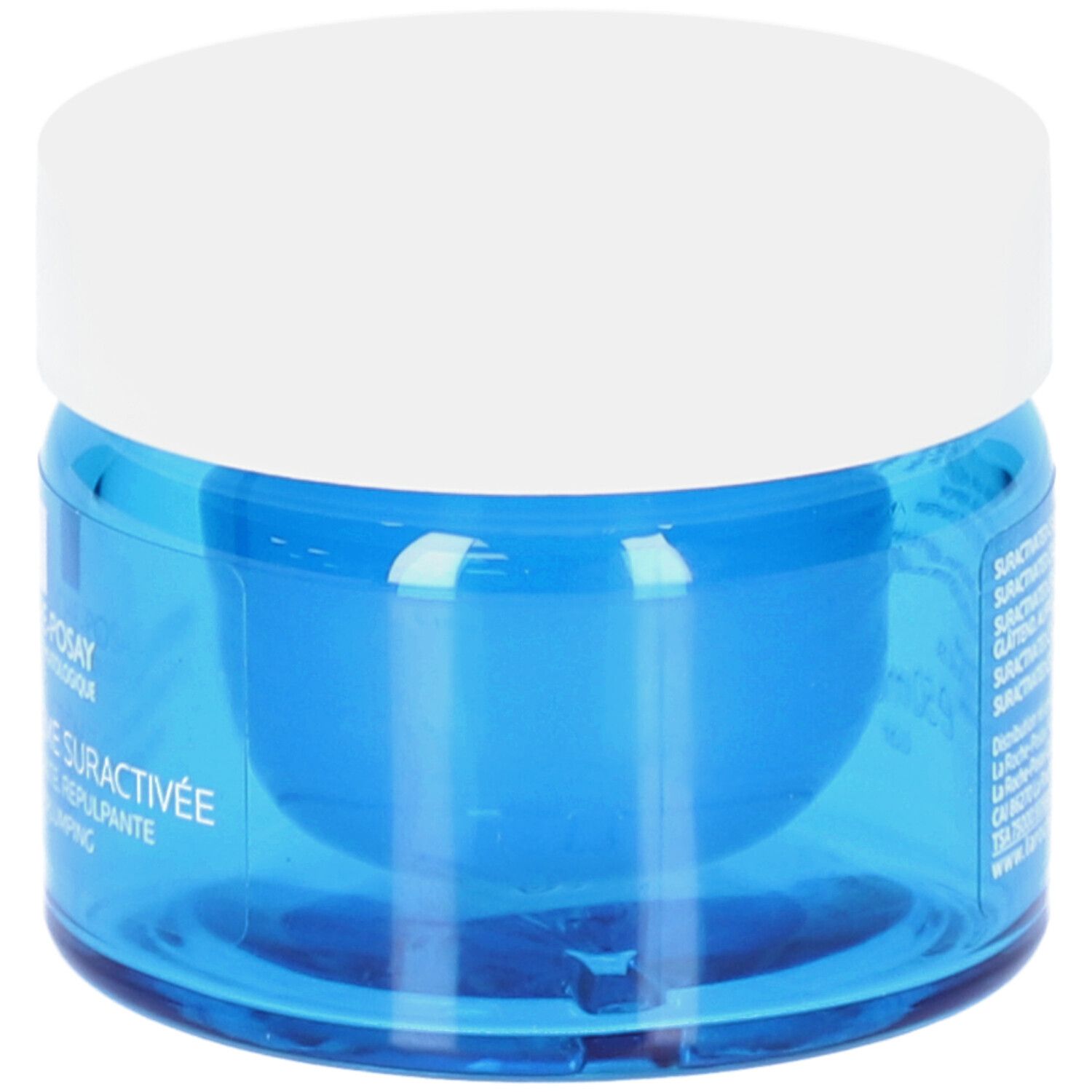 Blauwe pot met witte deksel. Opschrift: La Roche-Posay, Hyalu B5 Crème Suractivée. Tekst eronder.