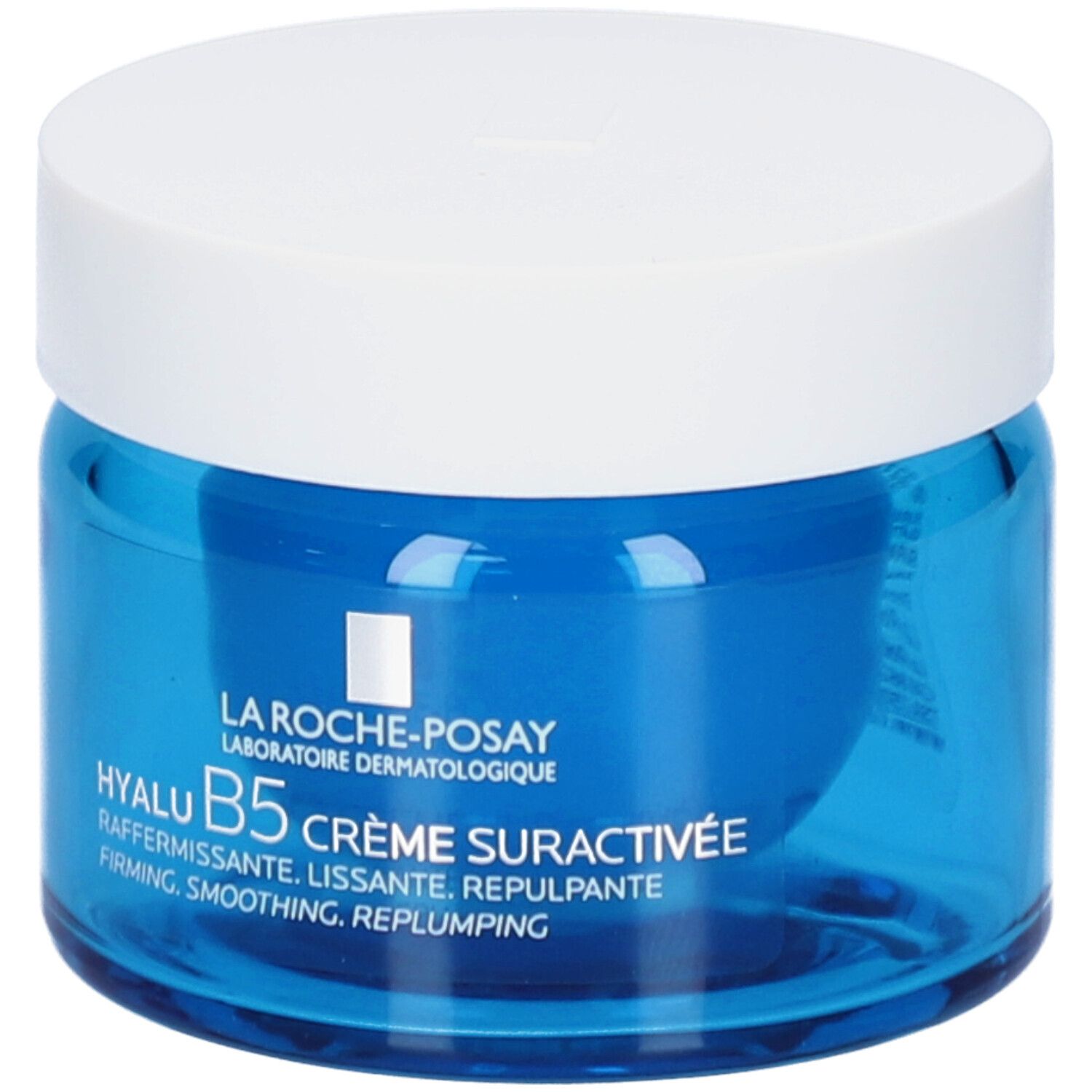 Blauwe pot met witte deksel. Opschrift: La Roche-Posay, Hyalu B5 Crème Suractivée. Tekst eronder.